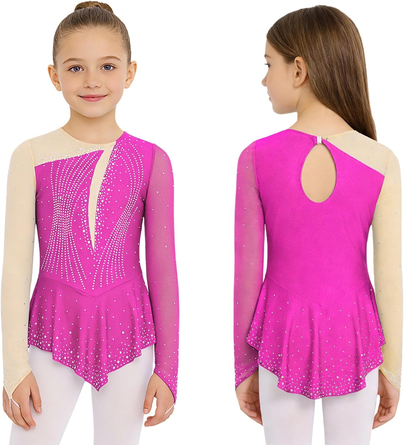 Figure Ice Skating Dress for Girls Sparkly Long Sleeve Ballet Dance Dress Gymnastics Leotard Competition Dancewear