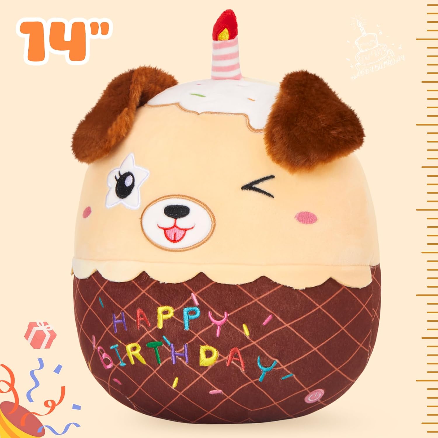 Light Up Music Dog Birthday Cake Plush Puppy Stuffed Animals Original Wink Dog Plushie with Colorful LED Lights Glowing Singing Happy Birthday Gift for Girl Boy 14"