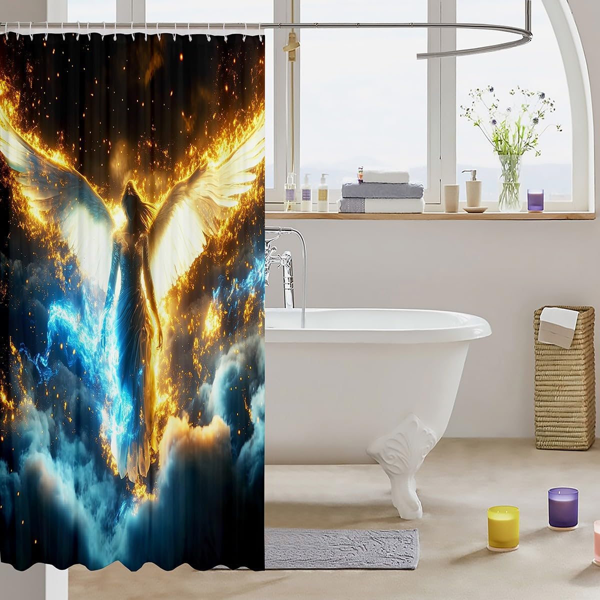 Angel Shower Curtain Set,Flames and Lightning Shower Curtain Set,Girls Boys Adult Heaven Cloud Sky Waterproof Fabrics Christian Bible Verse Bathroom Decor with 12 Hooks,72" W x 84" L