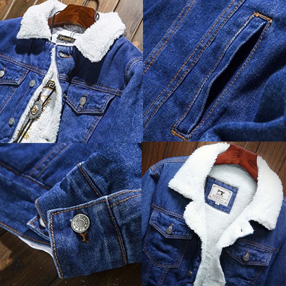 Chaqueta Vaquera Hombre Invierno Cálido Denim Chaqueta Térmico Sherpa Trucker Chaqueta Retro Abrigo Invierno Casual Abrigos Felpa con Bolsillos Chaqueta Vaquera con Forro