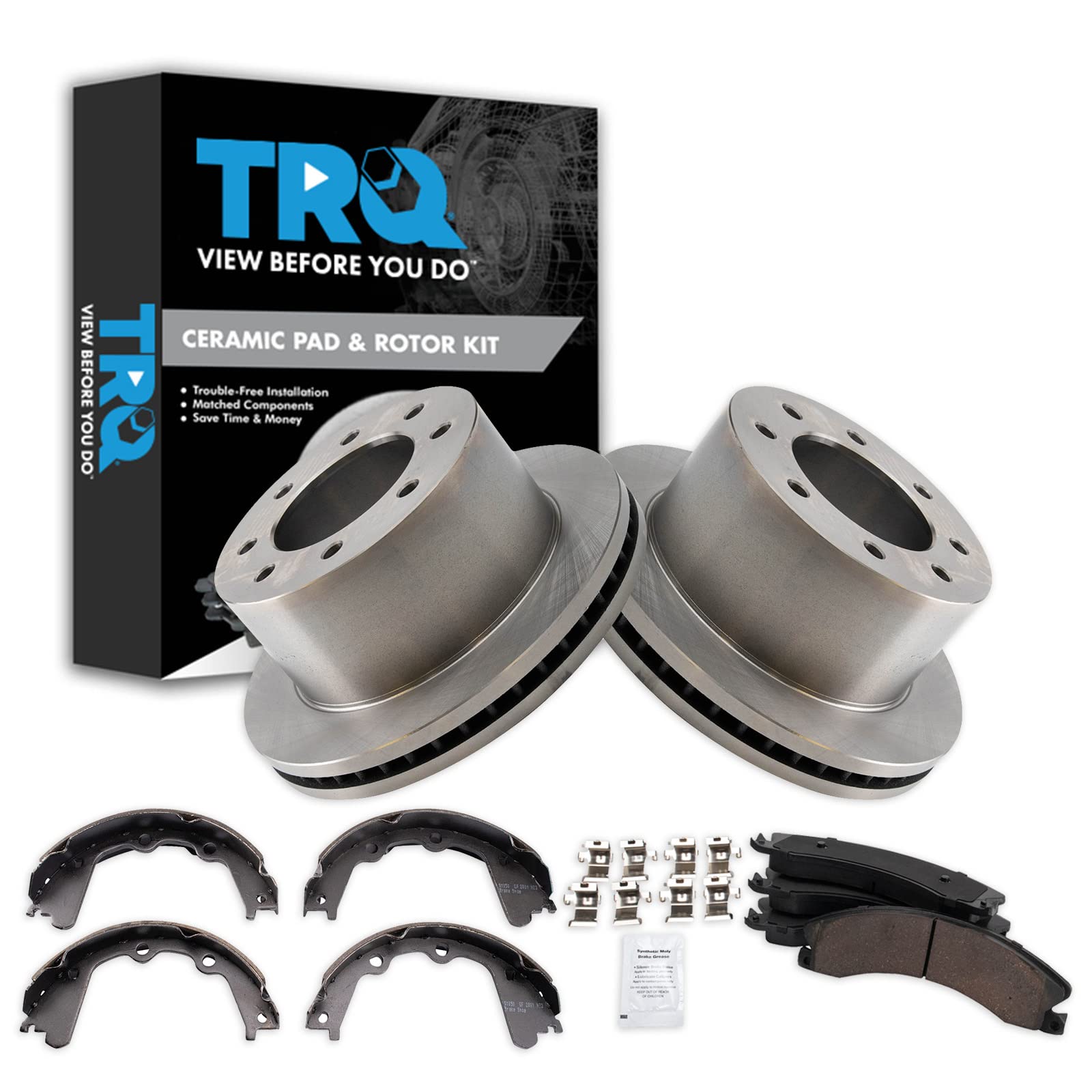 TRQ Rear Brake Pad &amp; Rotor Kit Parking Brake Shoe Set Ceramic Compatible with 2013-2017 Chevrolet Silverado 3500 HD GMC Sierra 3500 HD