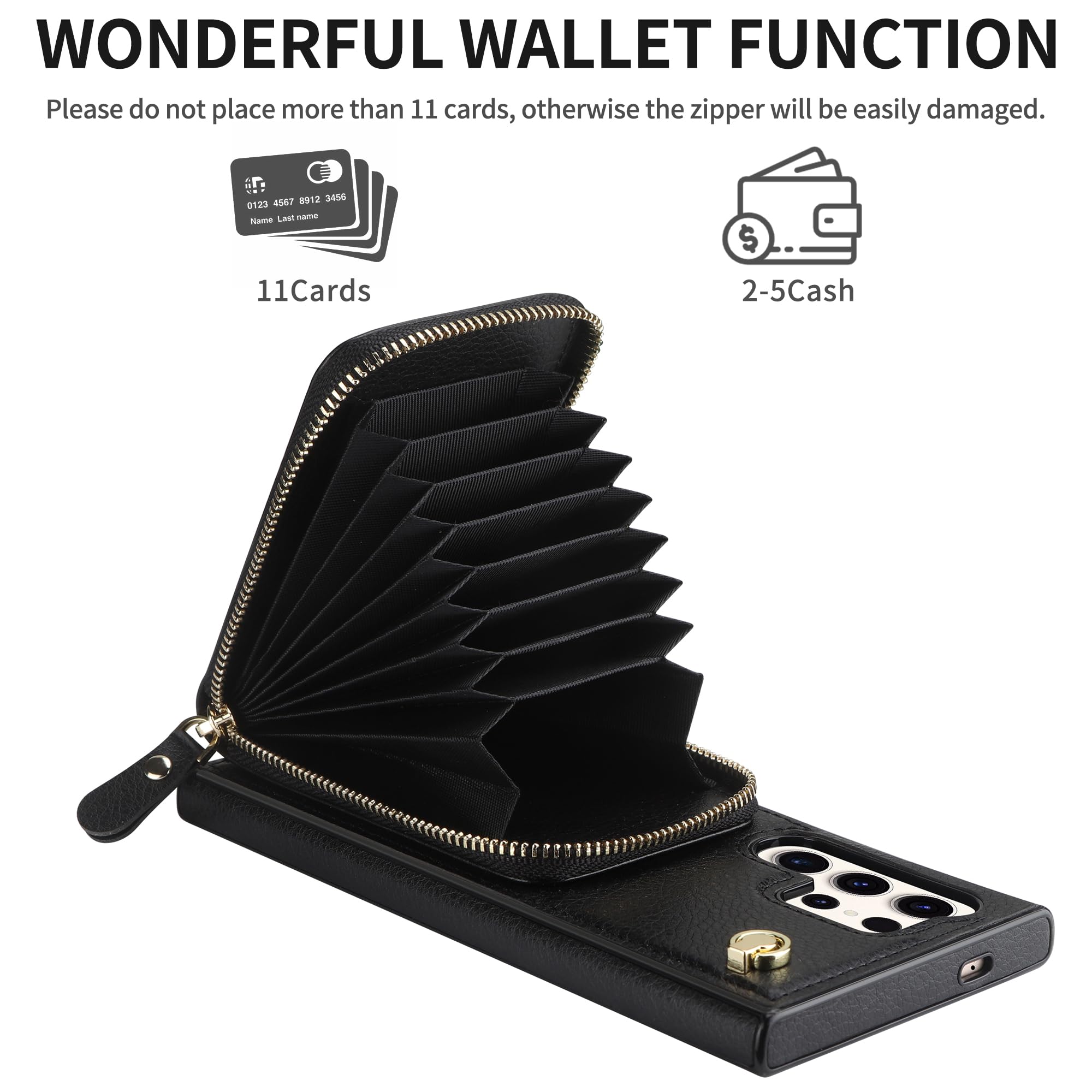 JAKPAK for Samsung Galaxy S24 Ultra Wallet Case with Card Holder [NOT for S24], Zipper Phone Leather Case with Lanyard,Square Case RFID Blocking Purse Cover for Galaxy S24 Ultra 5G 6.8 inch Black