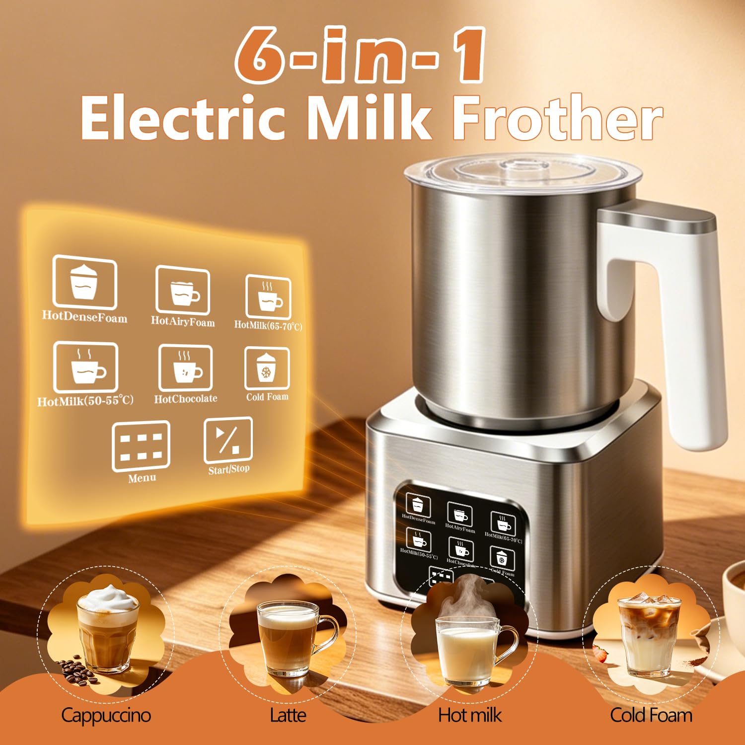 Espumador y vaporizador eléctrico 6 en 1, espumador y calentador de leche eléctrico de gran capacidad y desmontable, máquina automática de espuma fría y caliente, con jarra de acero inoxidable, 16.9