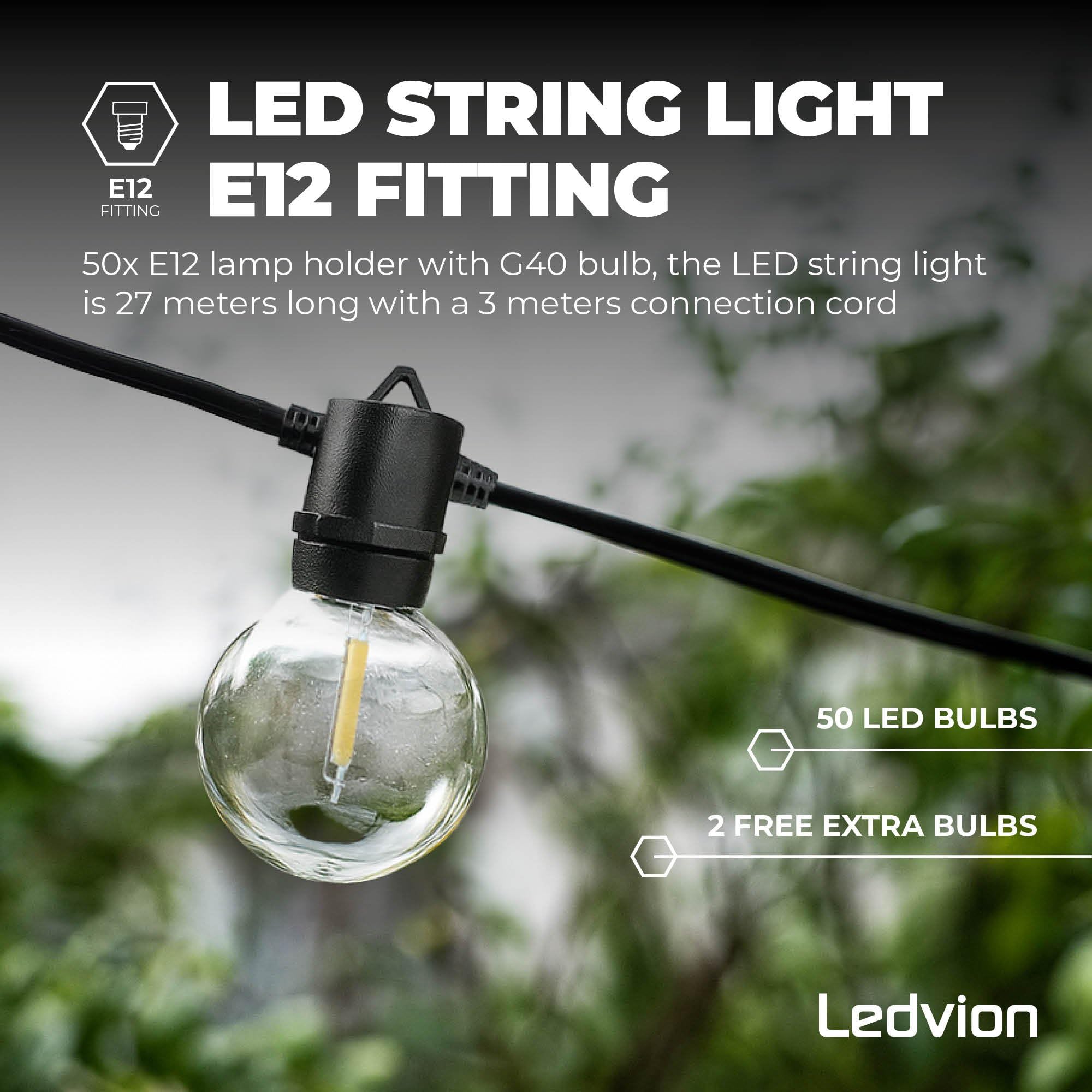 Ledvion - LED Lichterkette Außen, 27M, IP54, 15W, 2200K, 12V, Warm Weiß, Outdoor Lichterkette Strom, Gartenbeleuchtung, Wasserdicht