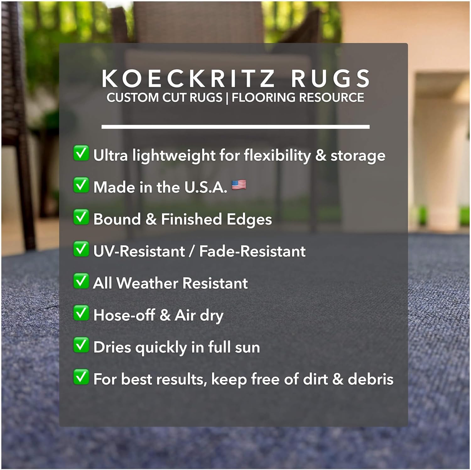 KOECKRITZ 6' x 12' Indoor/Outdoor Area Rug – Fade Resistant, Lightweight Polyester Carpet for Porch, Patio, Deck, Living Room & Events - Blue