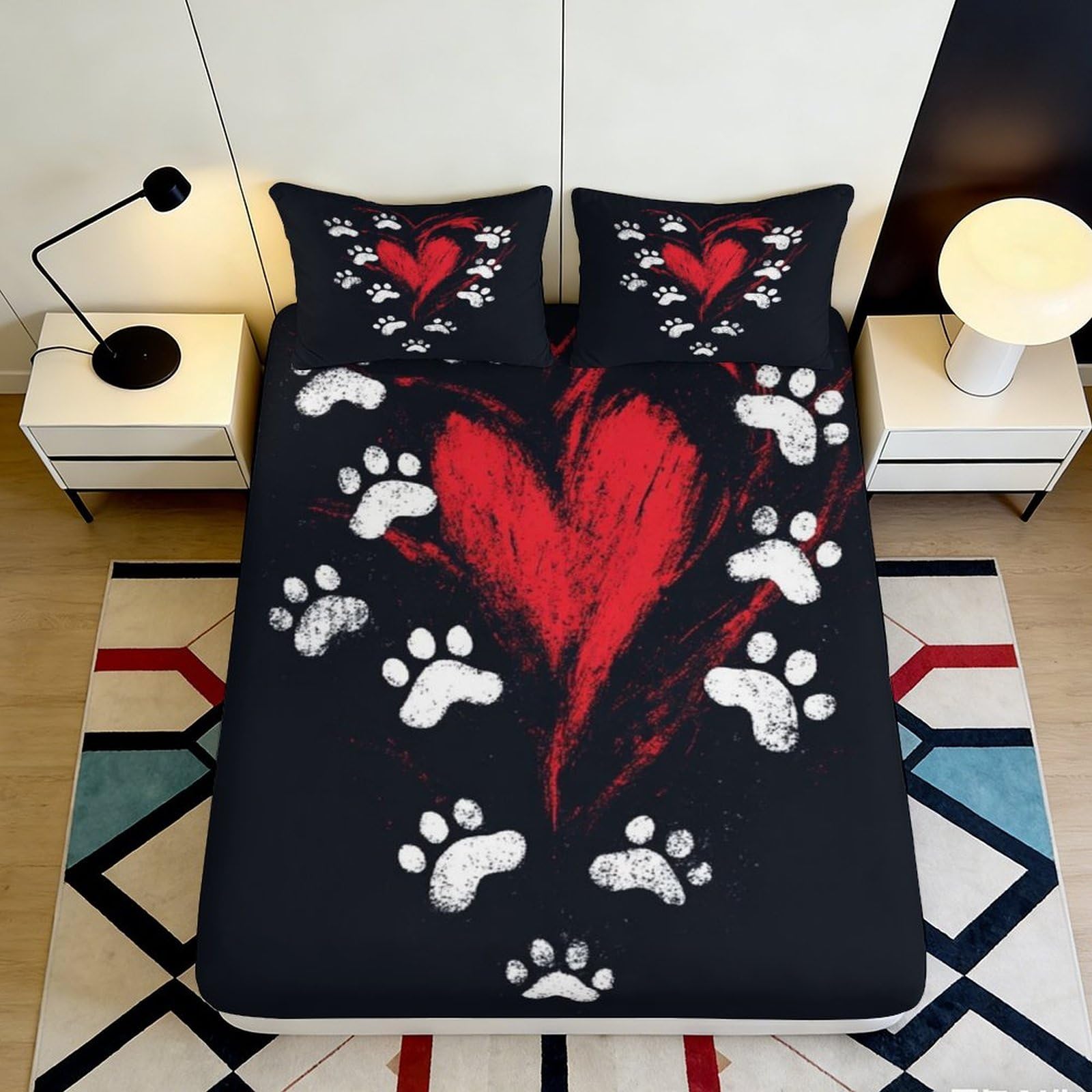 3D Printed Heart Paw Fitted Sheet Microfiber Deep Pocket Non-Slip Heart Paw Mattress Fitted Cover Bedroom Bedding 200x200x25cm 90x200x25cm