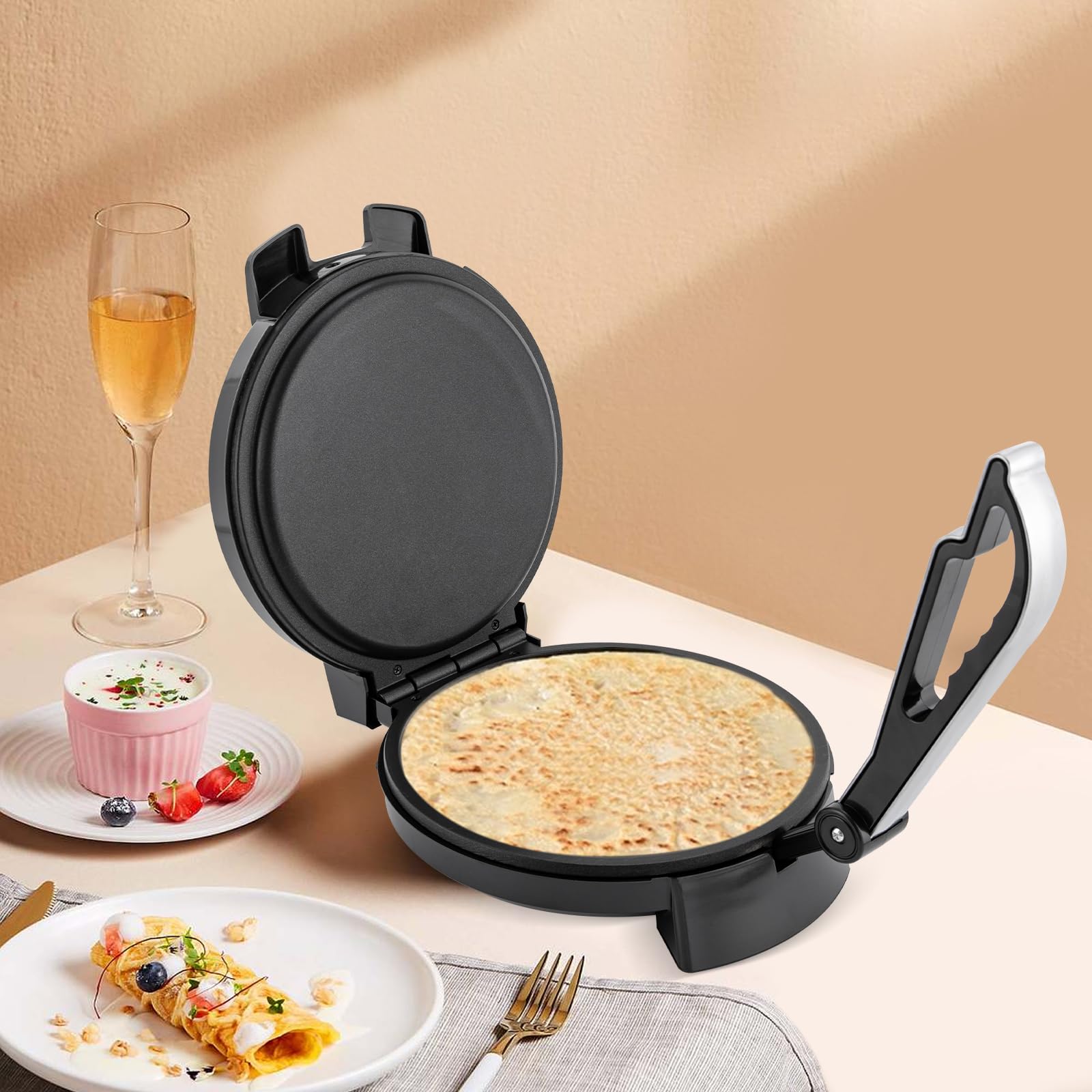 Roti-Maker 1200W mit Antihaftbeschichtung, Temperaturregelung, abnehmbarem Griff, für Chapati, Tortilla, Tacos, Silvery