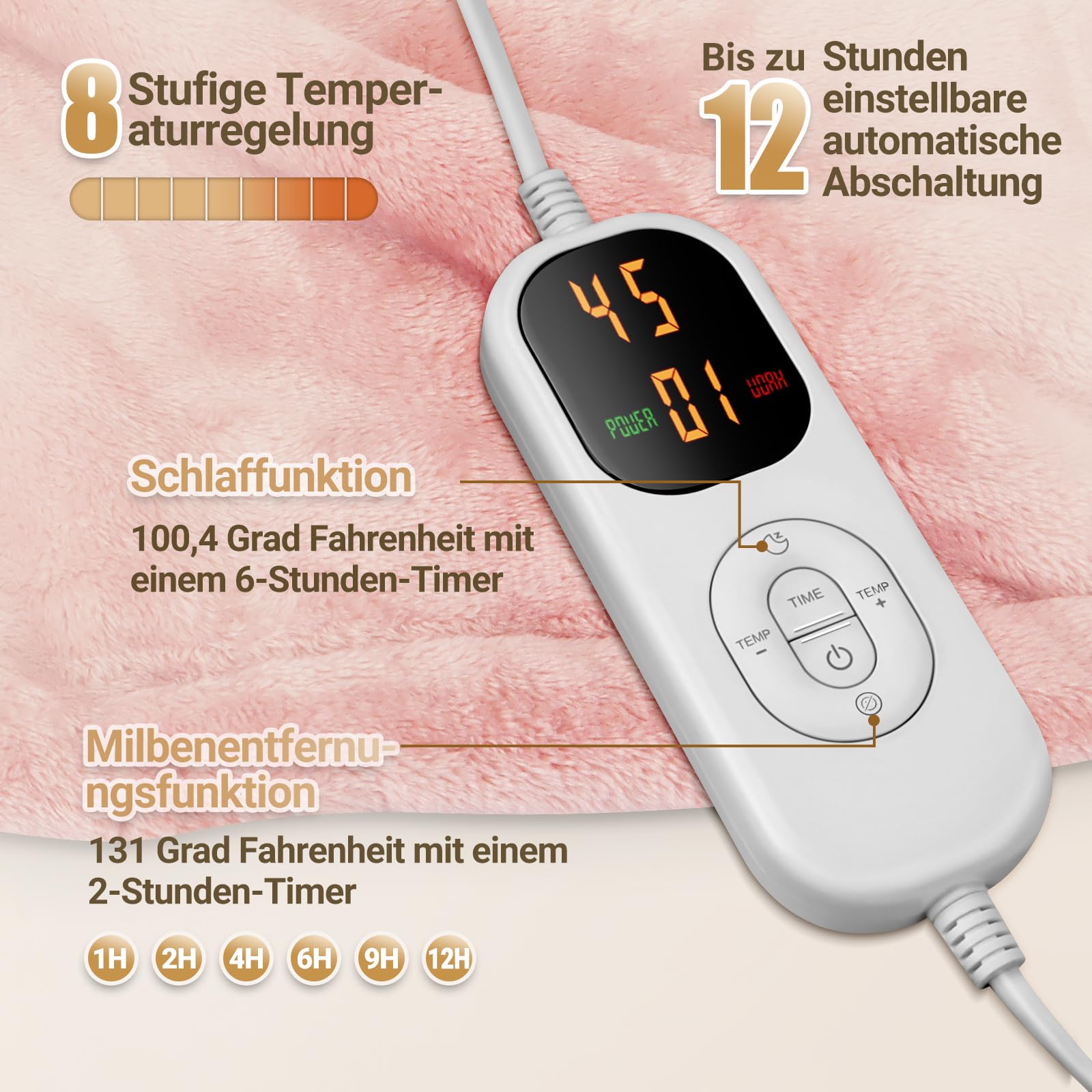 Charmofun Heizdecke mit Abschaltautomatik, 130x180CM Elektrische Wärmedecke, 8 Heizstufen, 12 Stunden Auto-Off-Timer, Maschinenwaschbar, Wärme doppel-Decke Flanell für Bett Sofa Büro