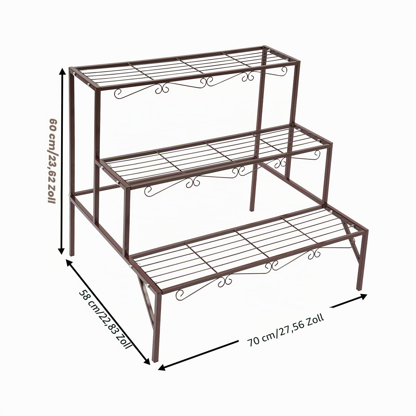 3-stufiger Metall Blumentreppe Pflanzenständer Freistehender Pflanzenstän 70x58x60cm, 20kg pro Etage für Garten, Balkon und Indoor Outdoor (Bronze)