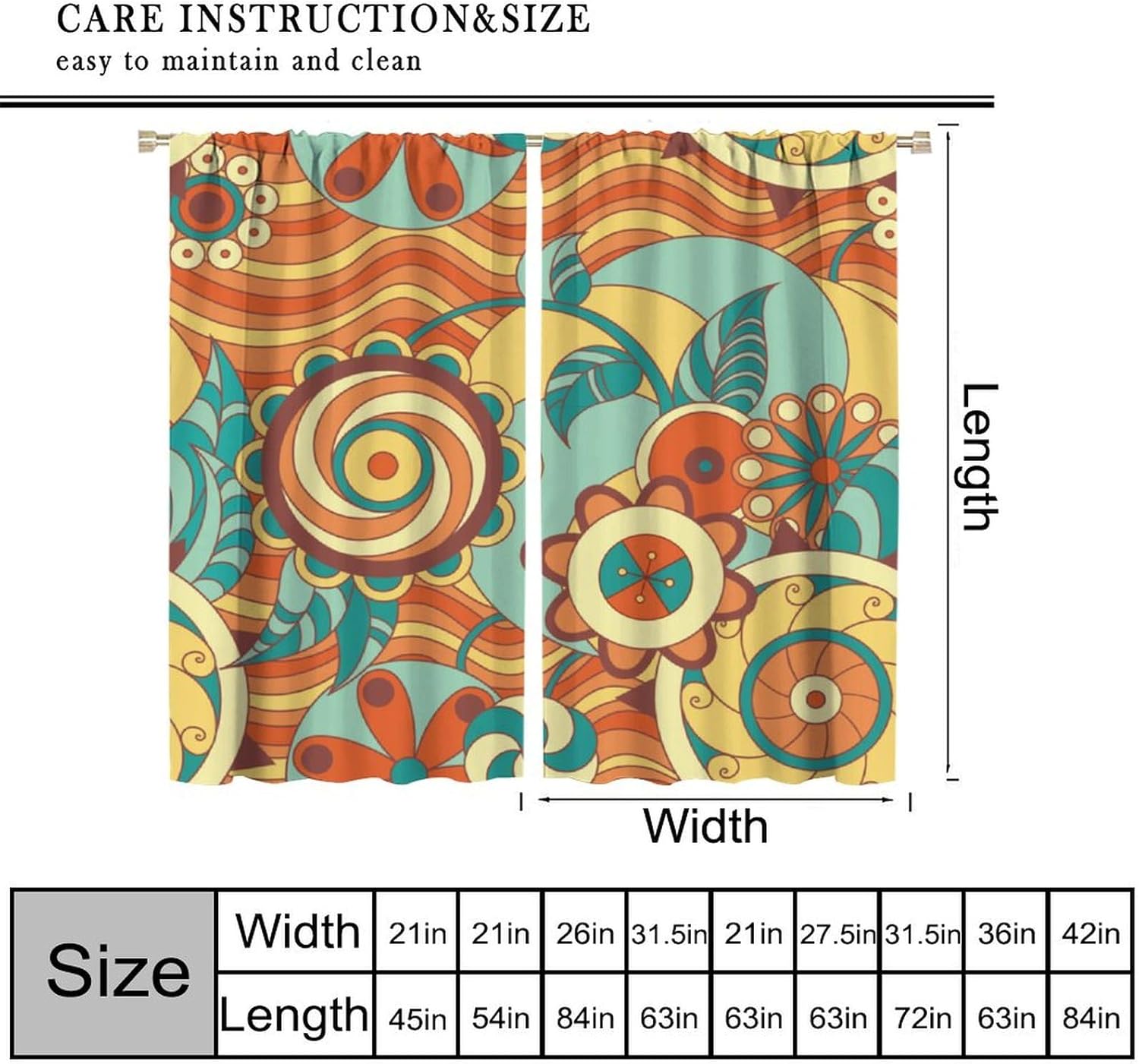 Retro Hippie Flowers Curtains for Bedroom Vintage Boho Flower Window Treatments Aesthetic 70S Groovy Abstrack Blossom Farmhouse Country Drapes for Living Room Kitchen W52xL84in