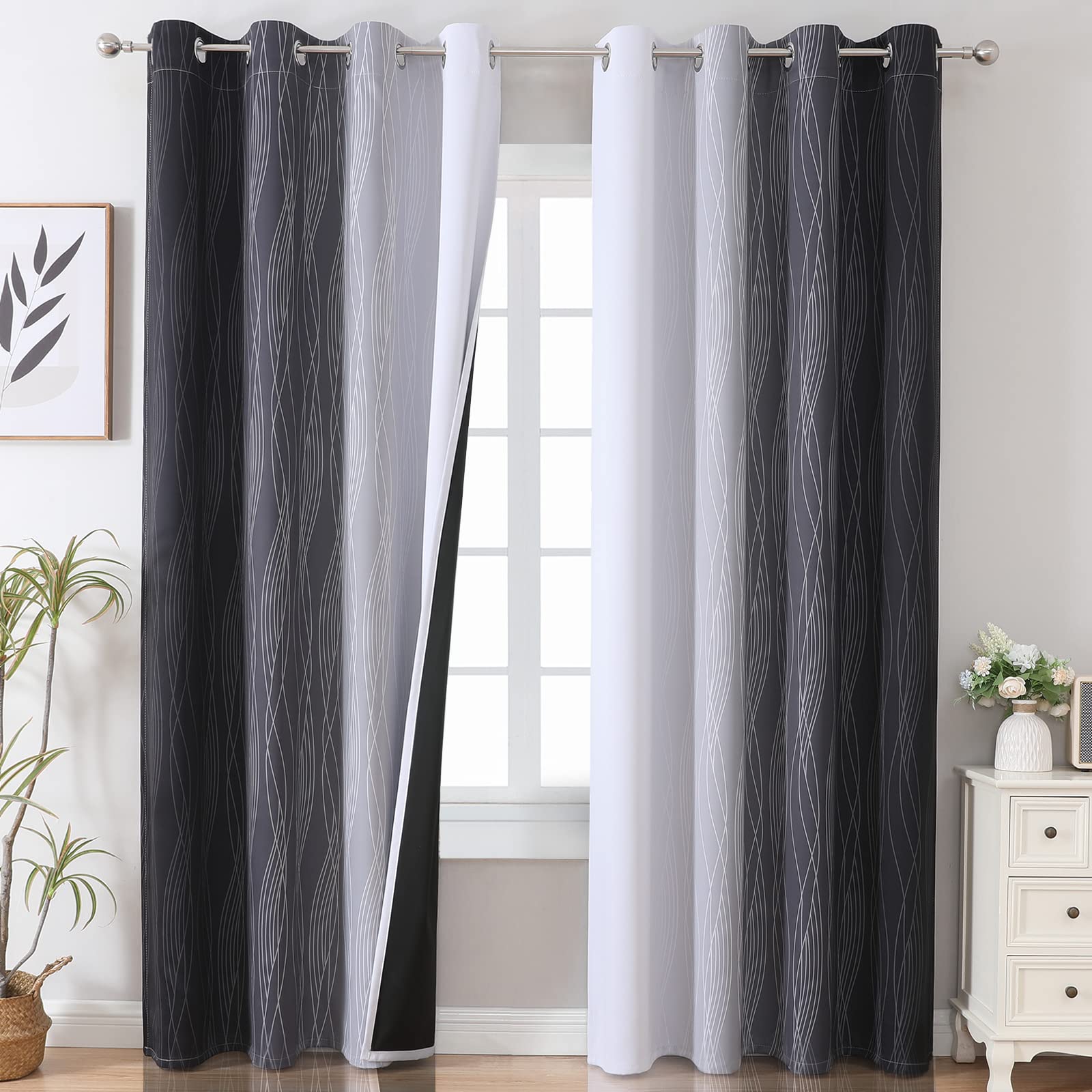 VEHEDE Gradient Blackout Curtains for Living Room and Bedroom 90 Inch Drop, Ombre Thermal Insulated Noise Reduction Eyelet Drapes for Home Decor, W52 x L90 Inch, Black and Greyish White, 2 Panels