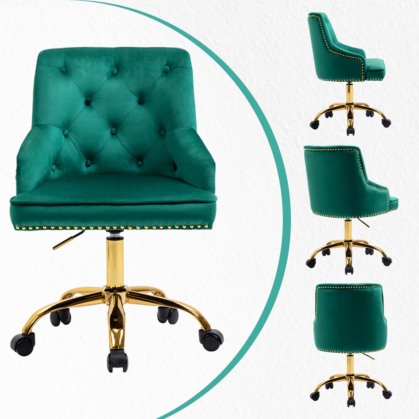 Bürostuhl aus Samt, Drehbarer Schreibtischstuhl mit Rollen, Höhenverstellbarer Schminkstuhl mit goldenen Beinen, Modern für Büro, Schlafzimmer oder Schminktisch, Belastbar bis 135 kg (Grün)