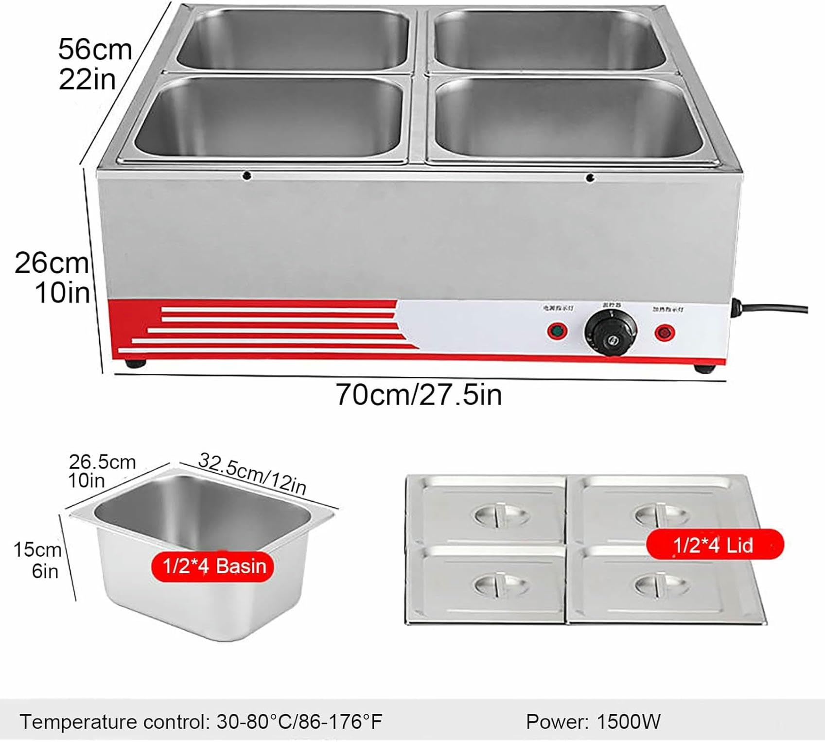 Buffet Elettrico in Acciaio Inox per Riscaldamento a Piattaforma, Controllo della Temperatura, Ideale per ristoranti, Catering, Mense, Vacanze in casa e Hotel.,4 Pan-a