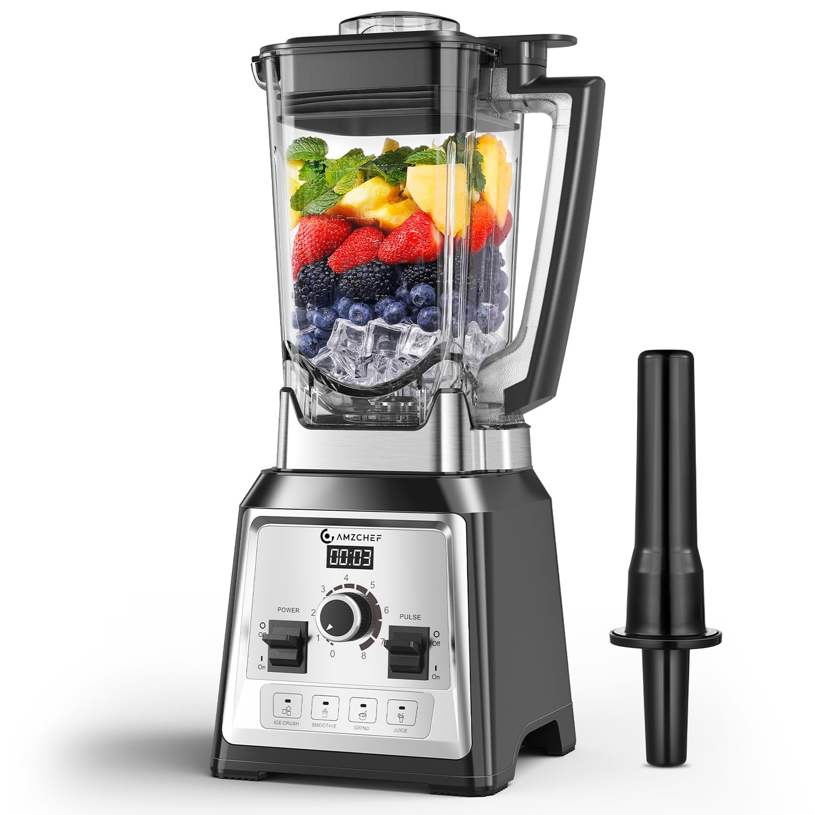 AMZCHEF Profesional Batidora, 2000 W batidora eléctrica con 4 funciones de un botón y 8 velocidades ajustables y función pulsaciones, batidora con 8 cuchillas de acero inoxidable – 25 000 rpm