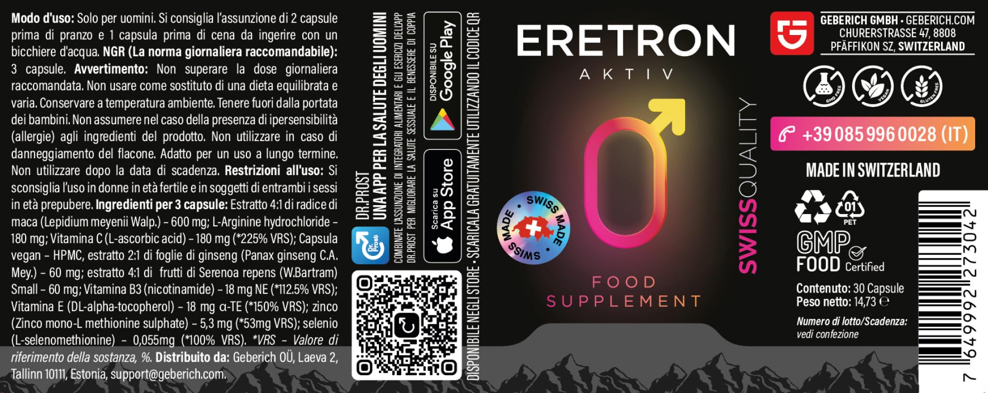 Cápsulas ERETRON AKTIV | Bienestar Masculino | Extracto de Maca 4:1 600mg, L-Arginina 180mg | Sostiene el Tono Diario | con Ginseng, Serenoa Repens, Zinc, Selenio | Vitaminas C, B3, E | 30 Cápsulas