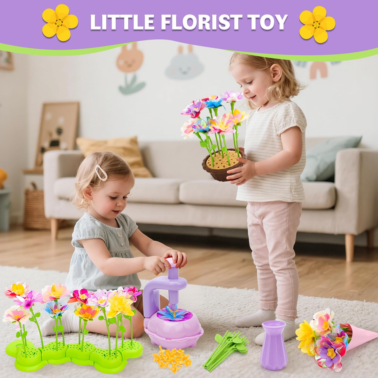 deAO DIY Flower Bouquet Making Kit, with Flower Press, Basket, Vase, Base, Colorful Petals Stems, Kids Craft Set - Image 4