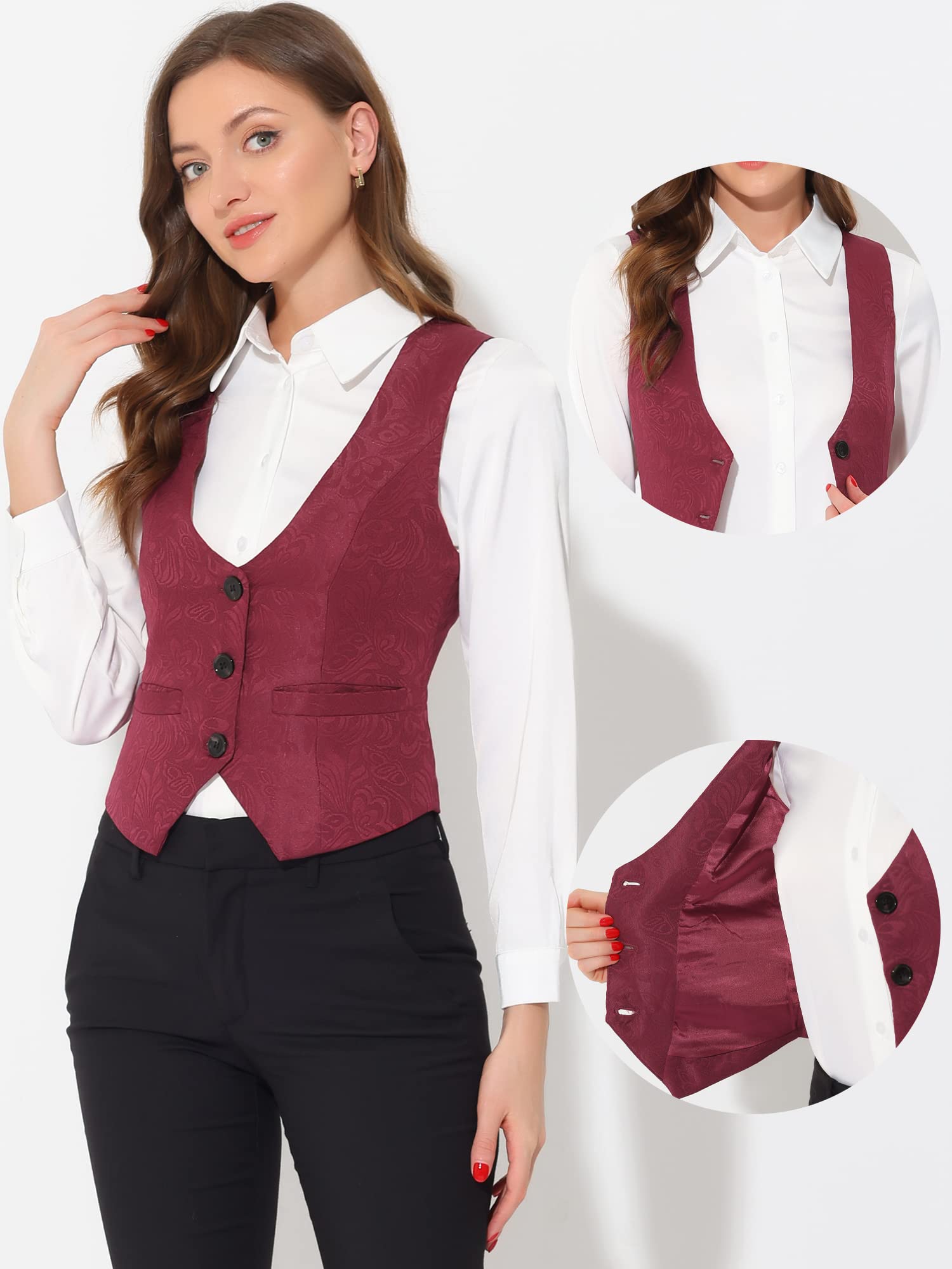Allegra K Gilet Vintage Femme Boutonné Steampunk Jacquard Sans Manches Costume Gilet | Gilet vintage pour femme