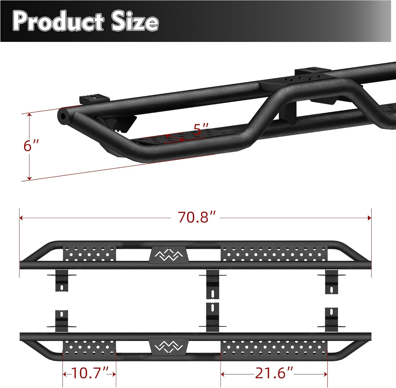 Two-Stairs Running Boards Compatible with 2007-2018 Jeep Wrangler JK 4 Doors, 5" Side Step Rails, Heavy-Duty Black Carbon Steel Nerf Bars(07-18 Jeep Wrangler JK 4-Door)