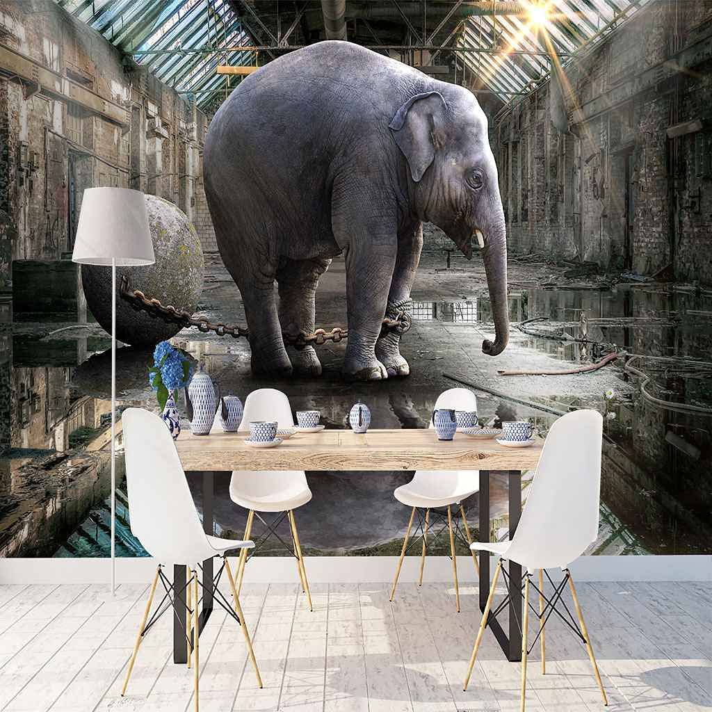 Papier peint éléphant 3D pour habiller le mur TV du salon moderne