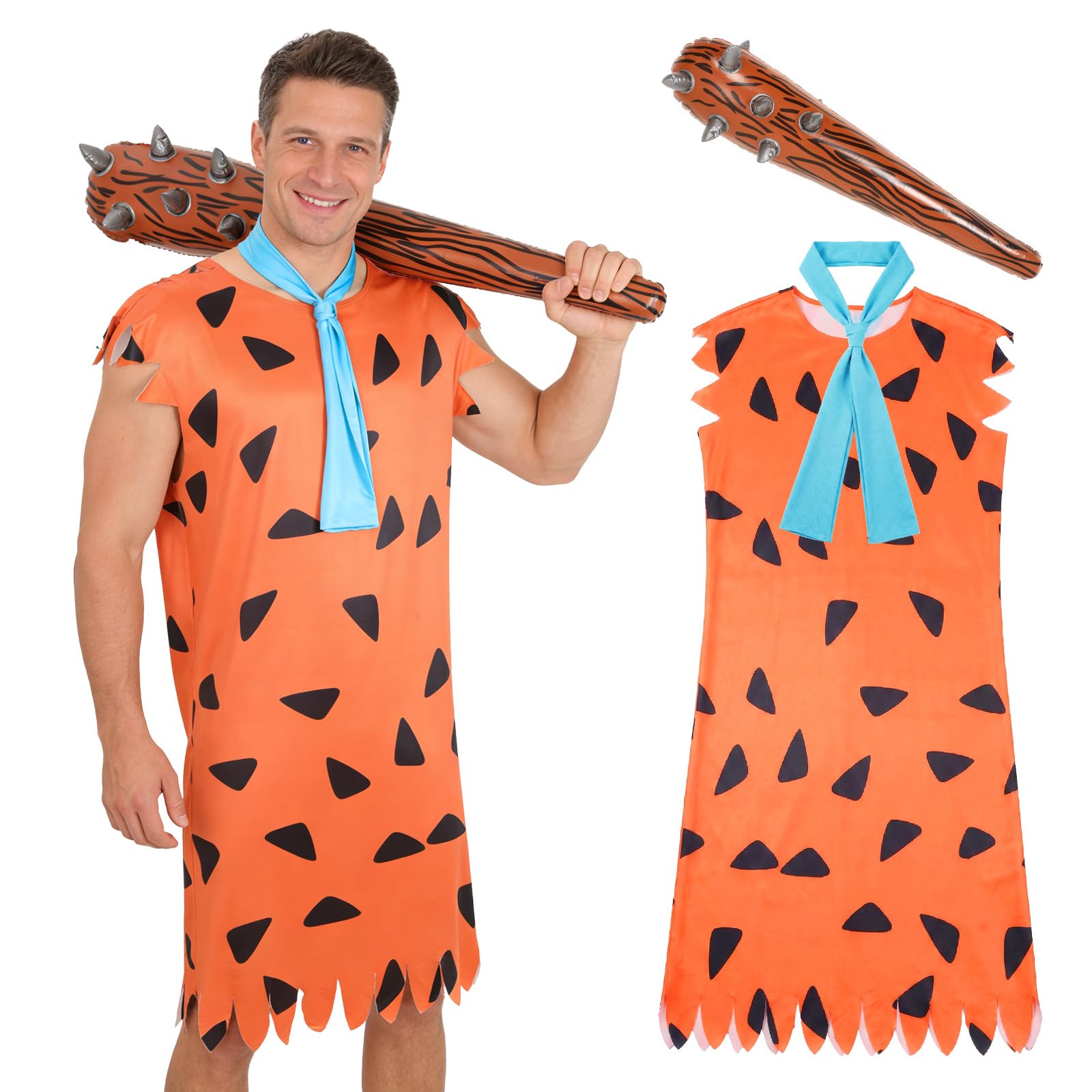 shyhand Caveman Costume Set Prehistoric Stone Adult Couple Cosplay Outfit with Inflatable Stick Funny Costume for Halloween Party Family Events