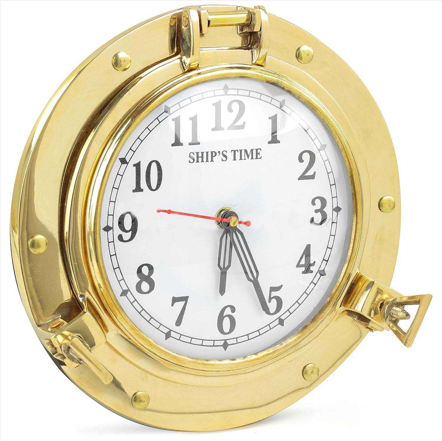 Orologio da parete decorativo in ottone anticato da 22,9 cm, con oblò a forma di nave, regalo nautico, decorazione da parete (ottone lucido)