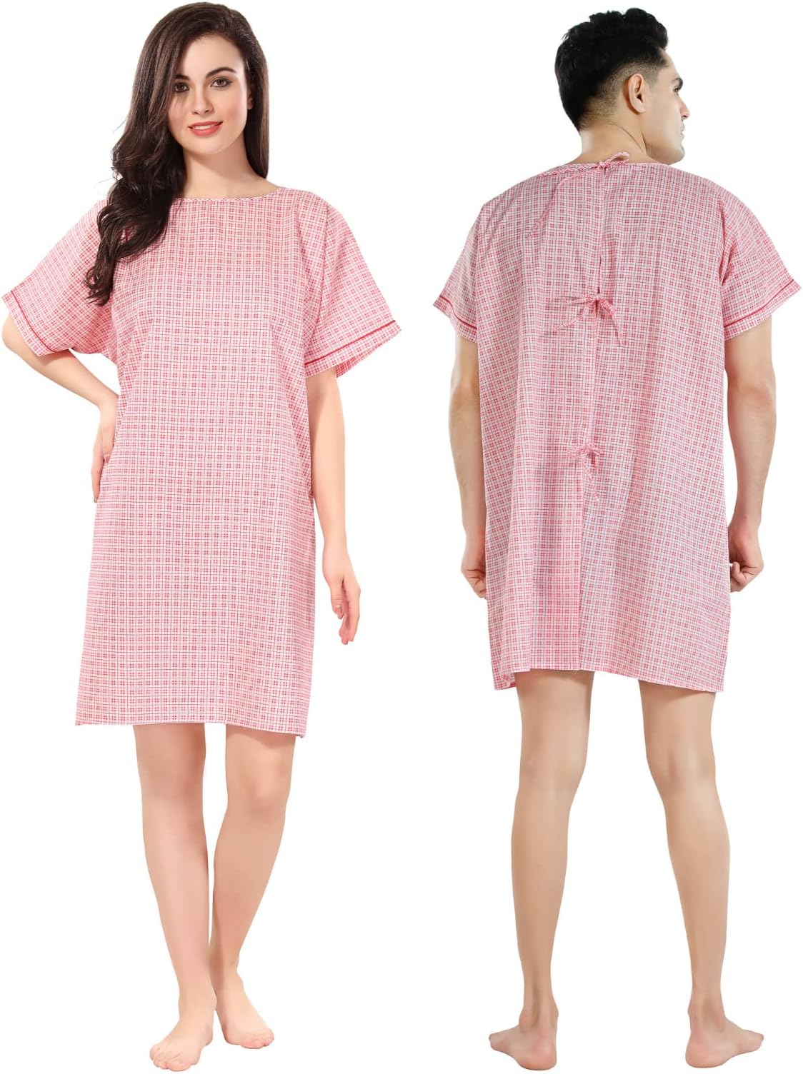 PIU Hospital Patient Care Gown/OT Gown | Poly Cotton Comfortable Patient Wear for Men and Women | Both Side Wearable | Red Checks, Free Size Fits Upto 4XL