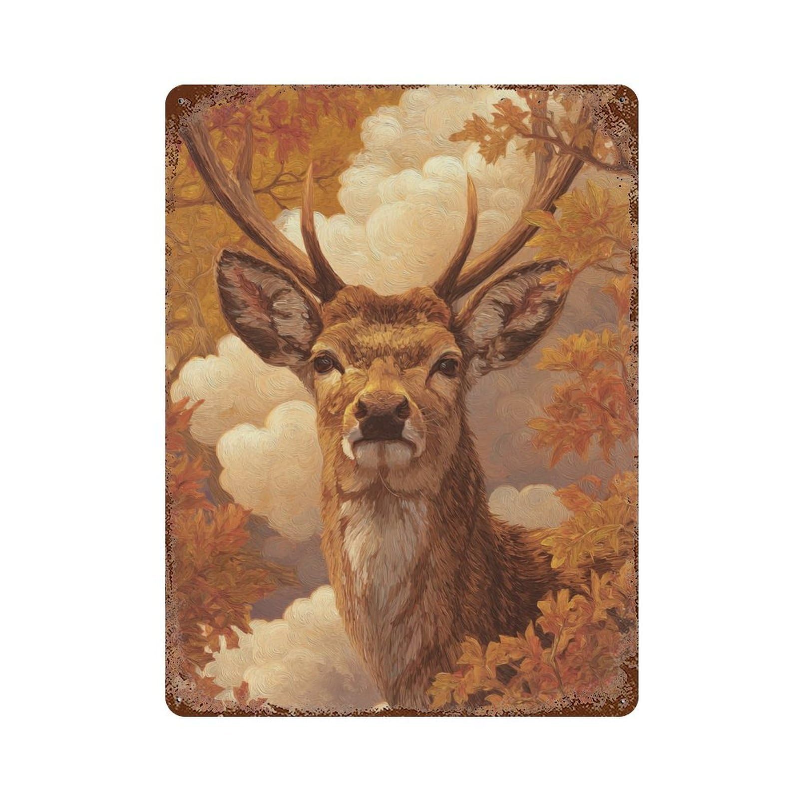Rusty Metal Tin Sign Autumnal Deer Portrait-1 15.7"x11.8", Rustic Home Decor for Shed, Workshop And Garage Wall Decor