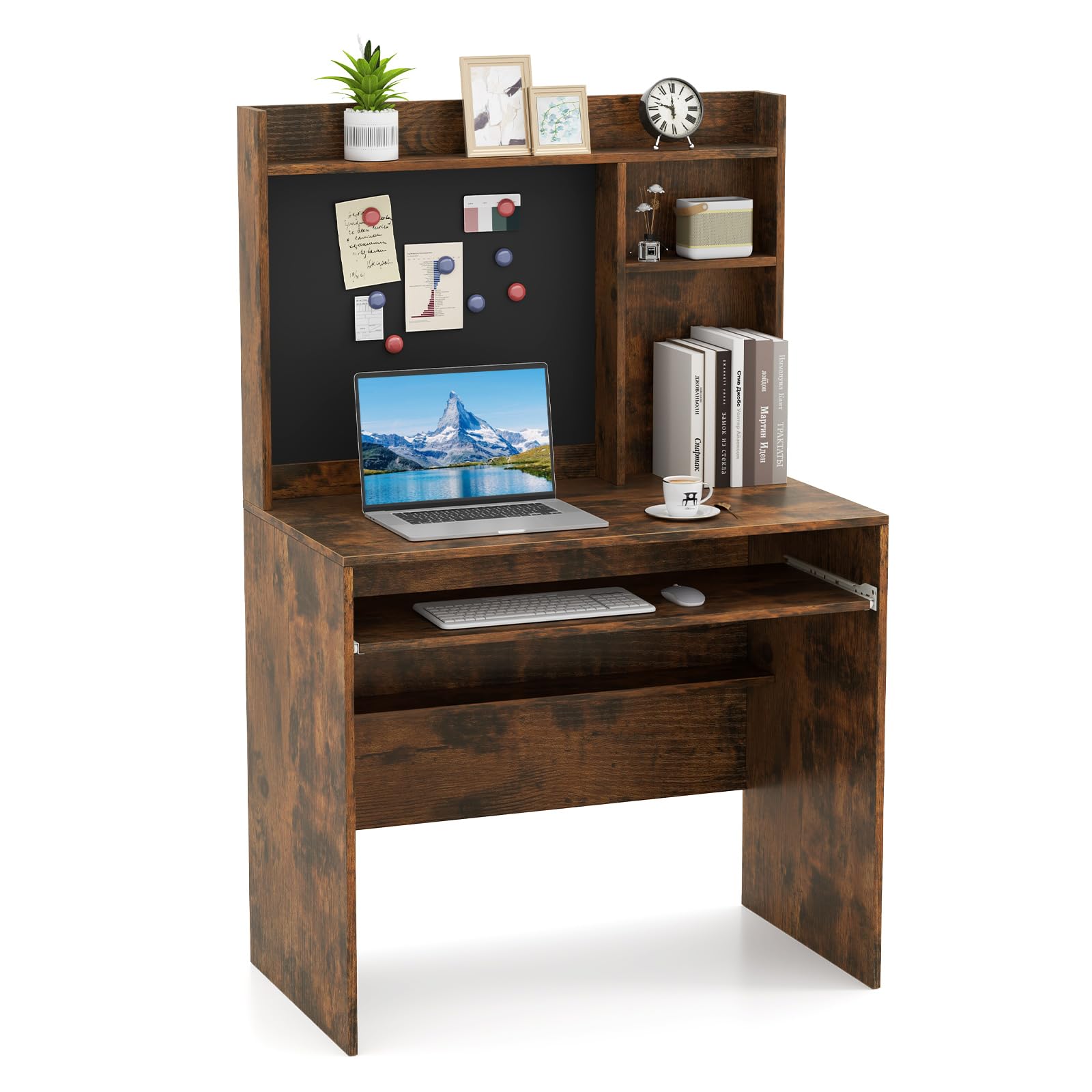 COSTWAY Computer Desk, Modern Writing Workstation PC Laptop Table with Hutch, Magnetic Bulletin Board, Keyboard Tray and Adjustable Shelf, Home Office Work Study Desk (Rustic Brown) — image 1