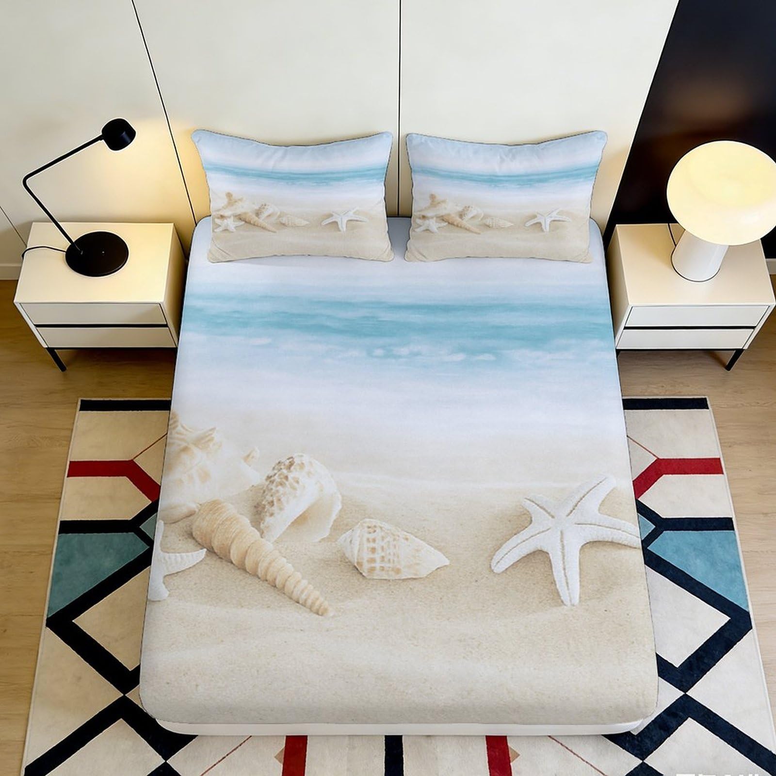 3D Printed Beach Shells Fitted Sheet Microfiber Soft Durable Starfish Mattress Cover for Bedroom Guest Room Dormitory Protection and Decoration 200x200x25cm