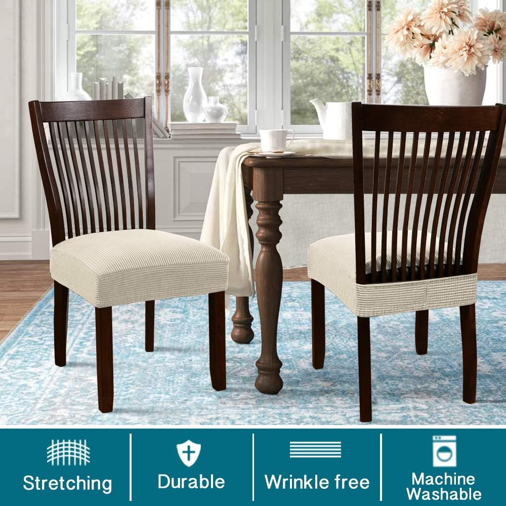 Turquoize Stretch Dining Chair Covers Seat Covers for Dining Room Chair Covers Set of 6，Removable Washable Kitchen Chair Seat Cushion Slipcovers Protector, Natural
