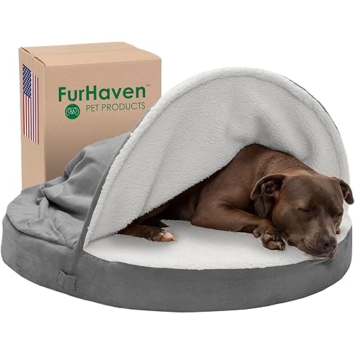 Furhaven 35" Round Cooling Gel Dog Bed for Large/Medium Dogs w/ Removable Washable Cover, For Dogs Up to 50 lbs - Sherpa & Suede Snuggery - Gray, 35-inch