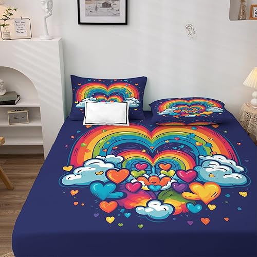 Miniatura 2 de Juego de sábanas de arcoíris tamaño Queen, sábanas de corazón, sábanas y fundas de almohada estampadas de 4 piezas, sábana bajera ajustable de