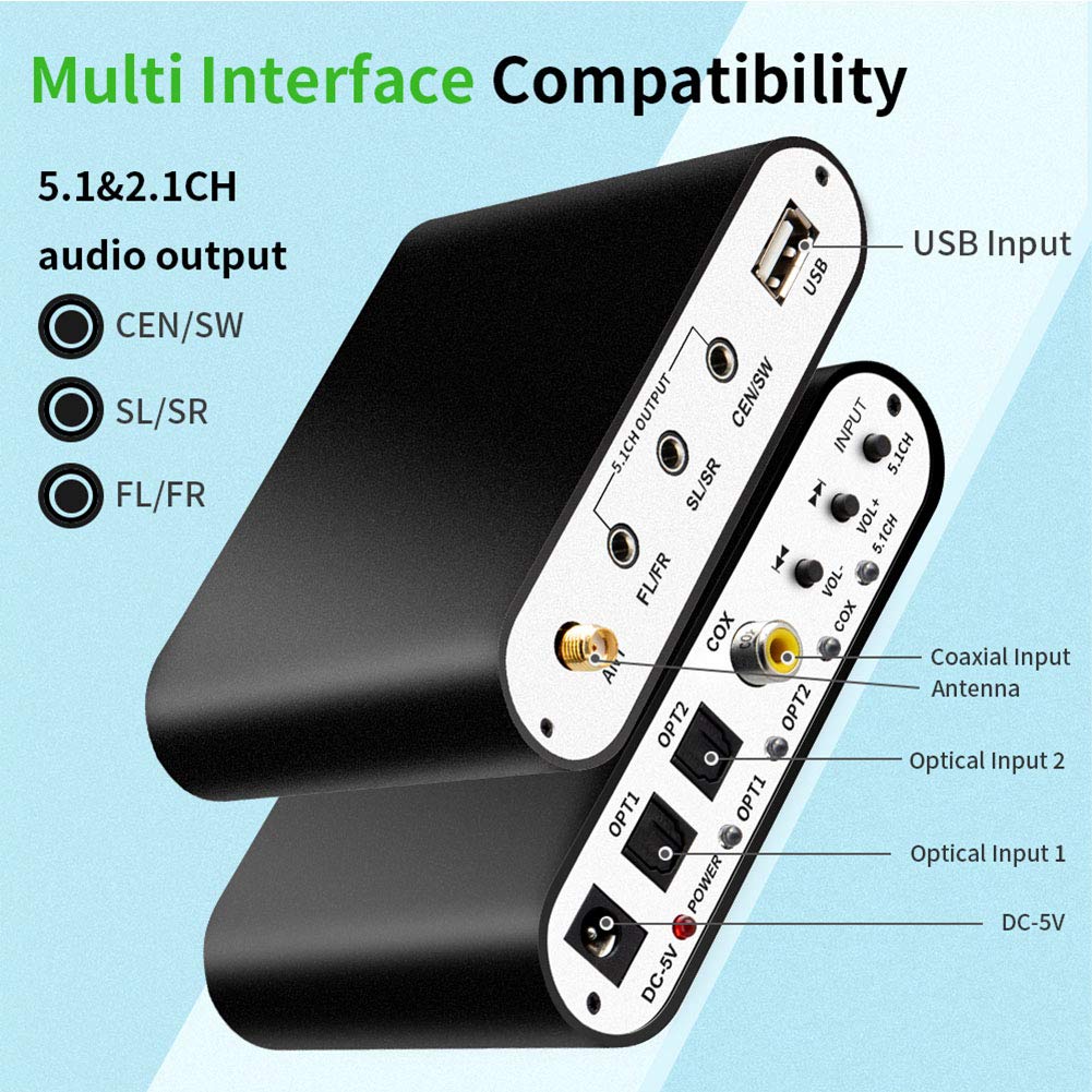 RSGK Decodificador De Audio De 5.1 Canales, U Disk Receptor Bluetooth 5.0 De Fibra Óptica Coaxial Convertidor Digital a Analógico, Óptico Coaxial AUX USB Reproducción De Disco DAC DTS AC3 FLAC