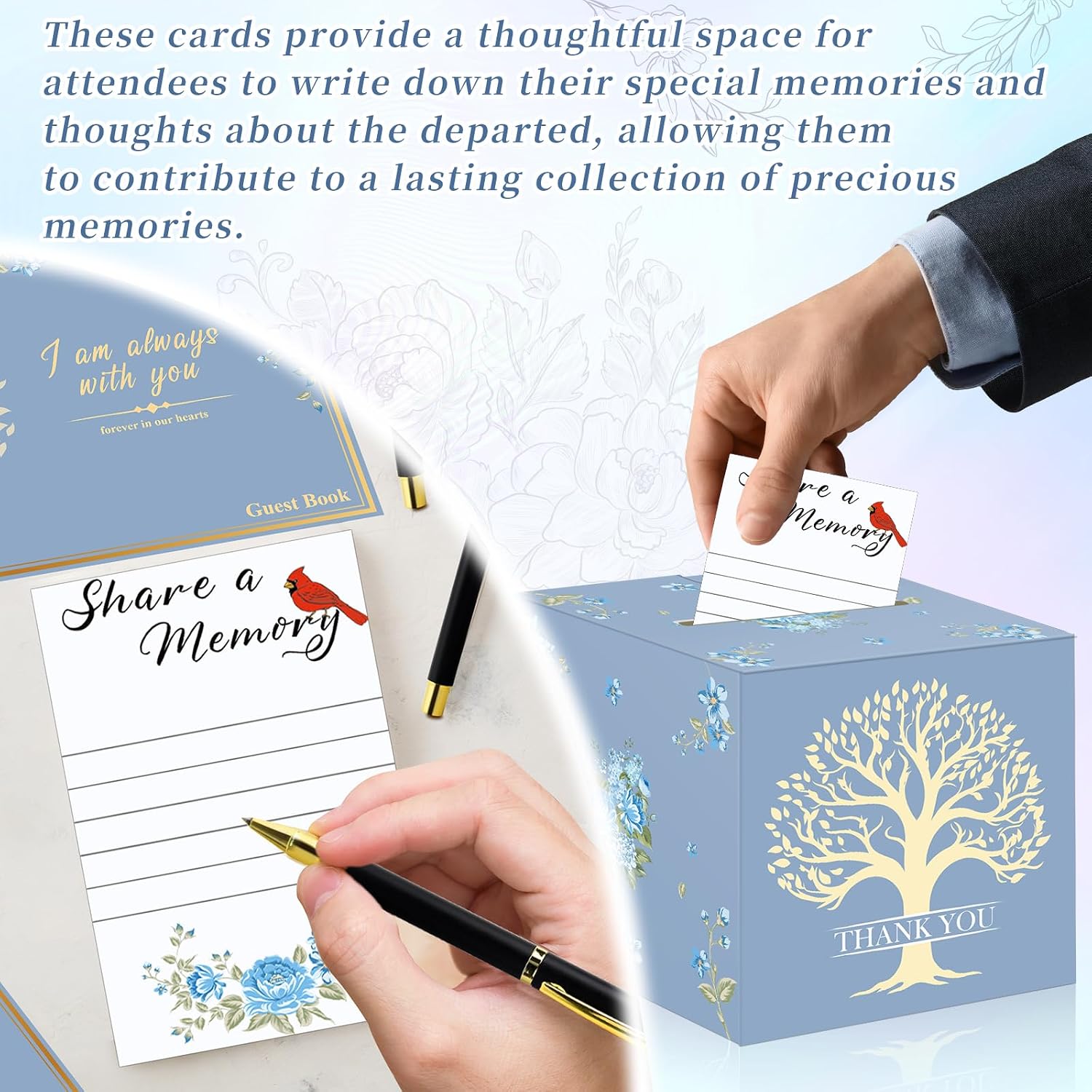 55 Pcs Funeral Supplies Funeral Guest Book for Memorial Service Included Pen Table Sign Cardinal Memorial Memory Cards Box with 50 Pcs Share a Memory Card for Guest Funeral Farewell Party (Light Blue)