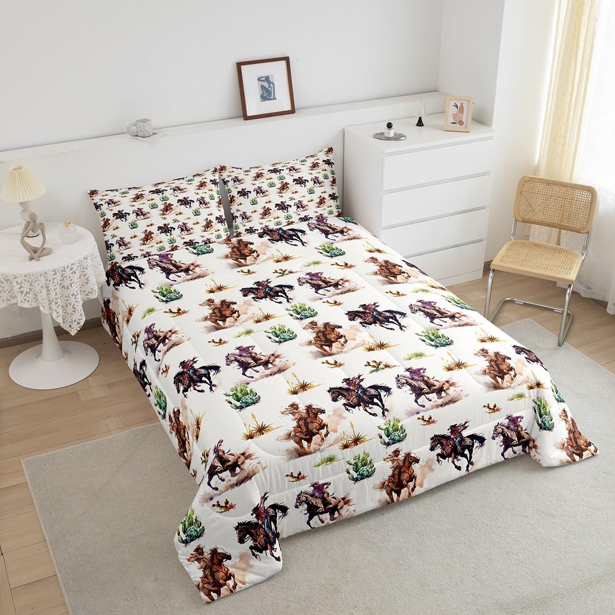 Western Cowboy Kids Comforter Set Queen Size,Cowboy Horse Cactus Rustic Farmhouse Bedding Set,Boys Men Adults Bedroom Decor,Country Cowboy Hat Down Comforter,Brown Retro Duvet Insert,2 Pillowcases