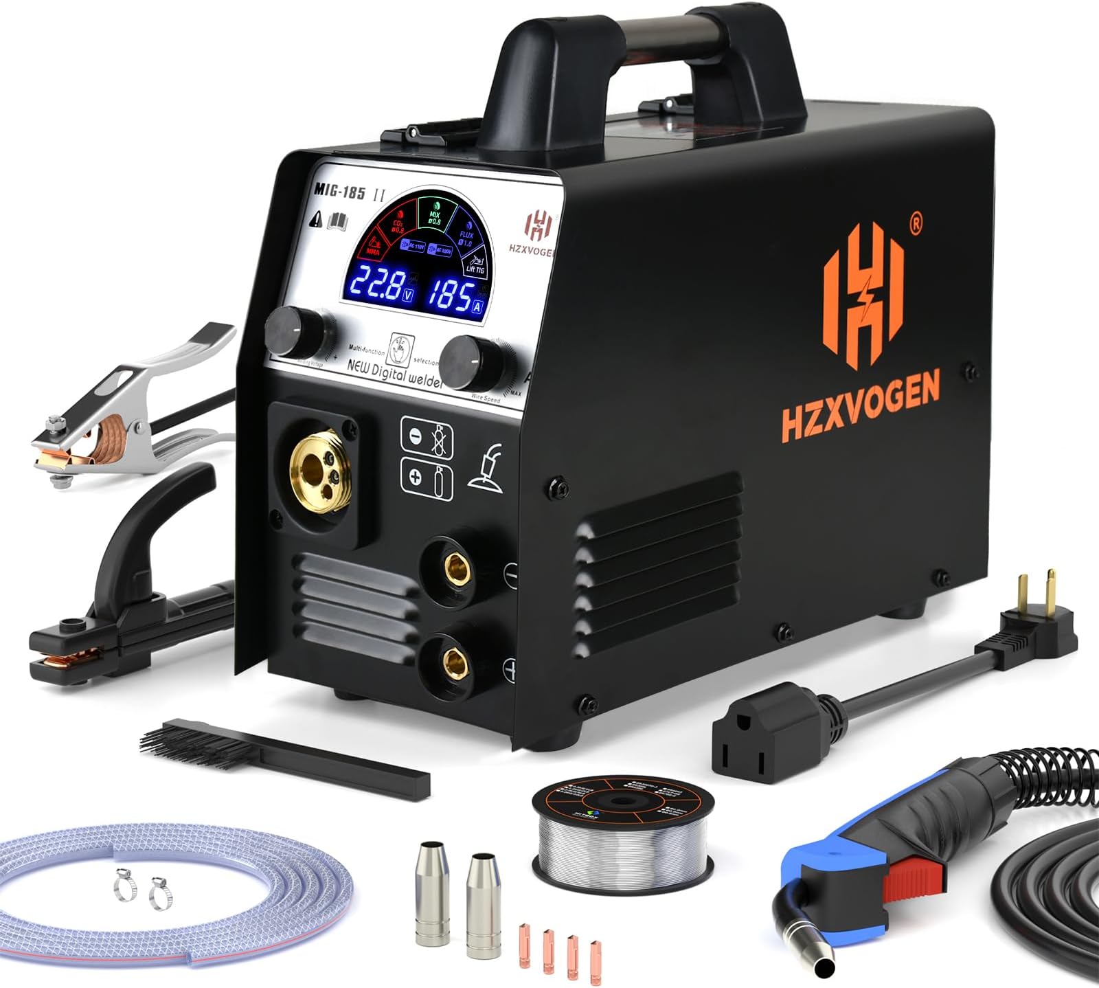 HZXVOGEN 185A MIG Welder, 4 in 1 110V/220V Multi-Process Welder Multi-Process Gas Gasless MIG Welder Lift TIG Stick Welder Large Colorful LED Display Inverter Welding Machine