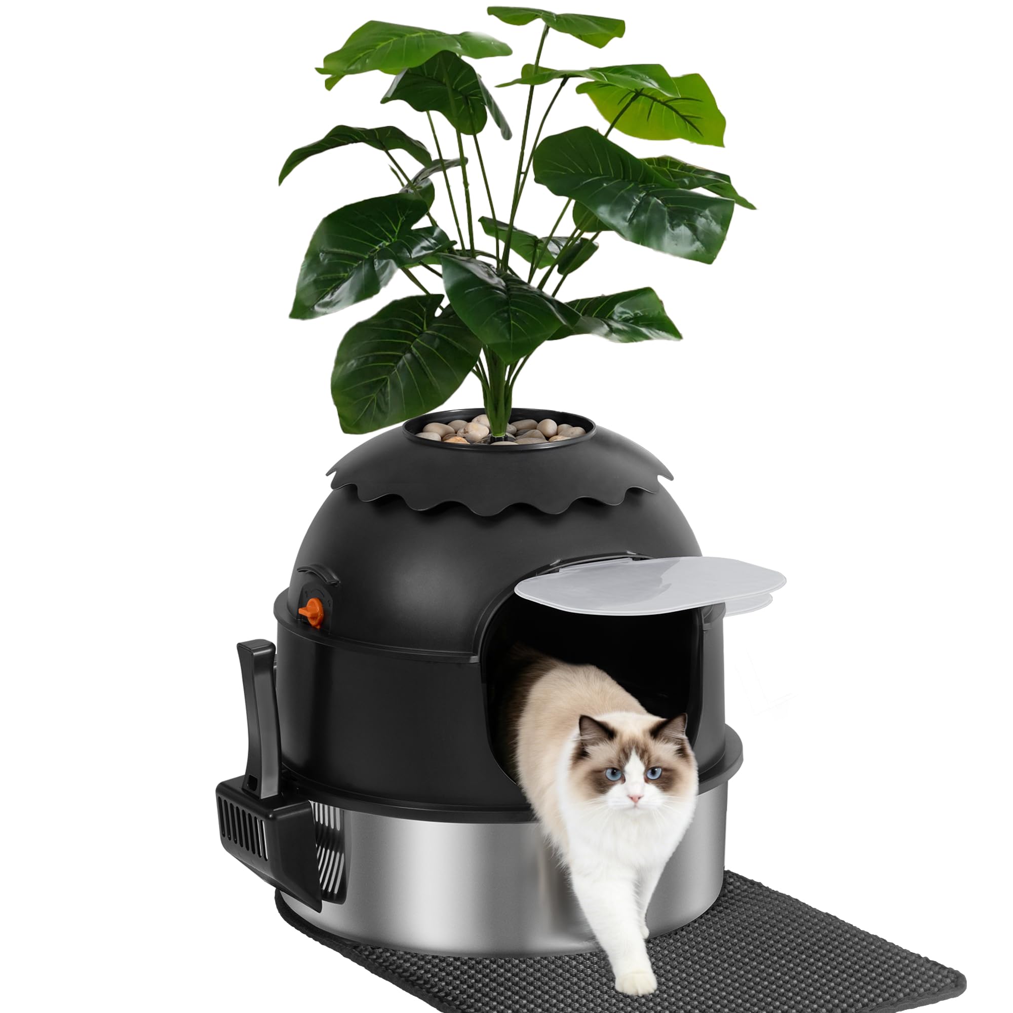 Fobyfurny Hidden Stainless Steel Cat Litter Box, Cat Litter Tray with Faux Plant, Litter Box Enclosure with Front Door, with Scoop and Litter Mat, for Living Room, Bedroom, Corner, Black FPLB205SB1