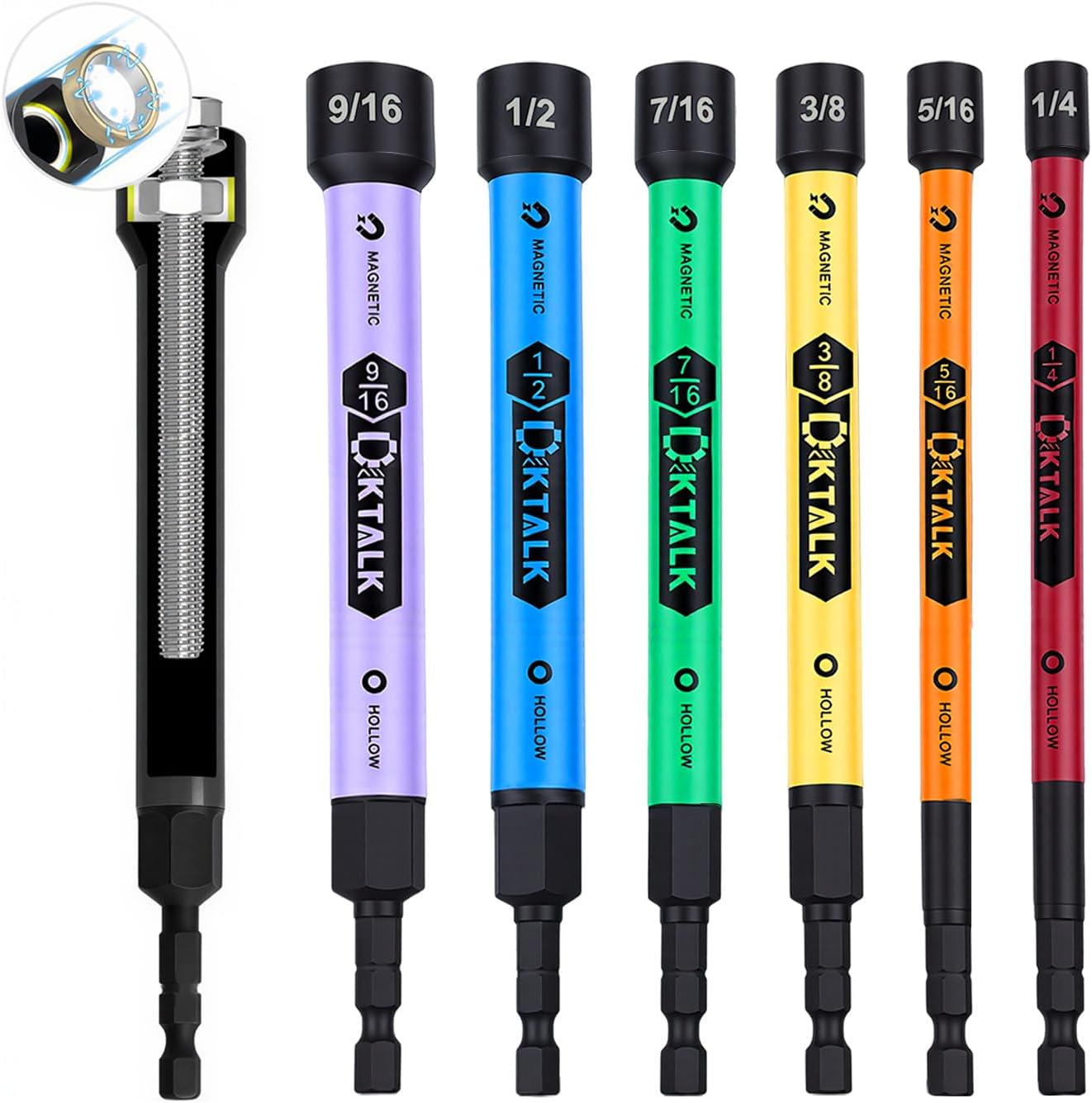 Magnetic Hollow Impact Nut Setter Set, 6-Piece Hollow Shaft Power Nut Driver, 5-Inch Extended Reach for Long Bolts & Threaded Rods, Color-Coded, Impact Rated, SAE Size