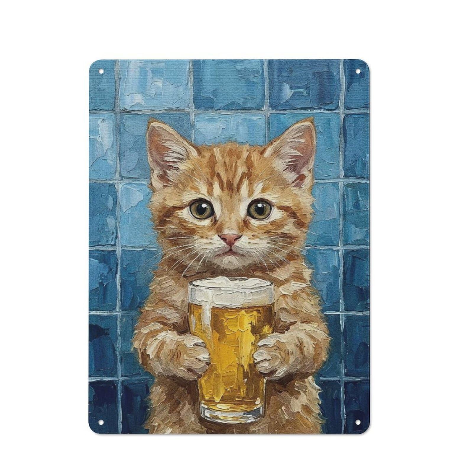 Junmoney Style-7 Rustic Tin Sign 40X30cm Featuring Kitten With Beer Painting For Café Or Home Bar, Gift Idea At Christmas For Hospitality Decor Collectors