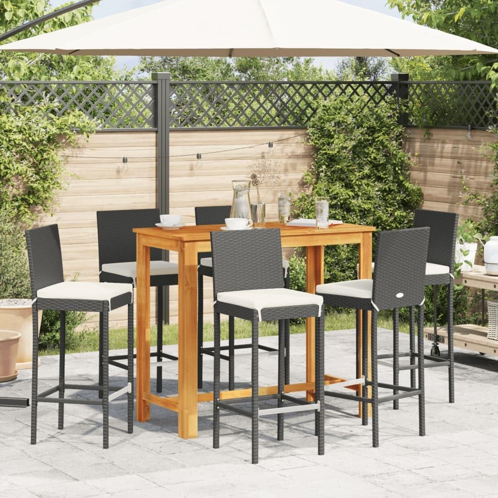 7 Piece Garden Bar Set with Solid Wood Bar Table and Rattan Bar Stools with Seat Cushions for Patio Backyard Balcony, Outdoor Bistro Set, Black Solid Wood Acacia and Poly Rattan,-482
