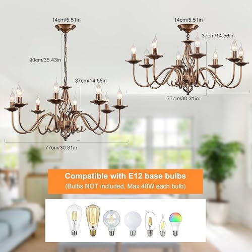 Miniatura 3 de Ganeed Candelabros rústicos de 8 luces, vela de bronce antiguo, lámpara de campo francés, colgante de hierro vintage, lámpara de techo colgante para
