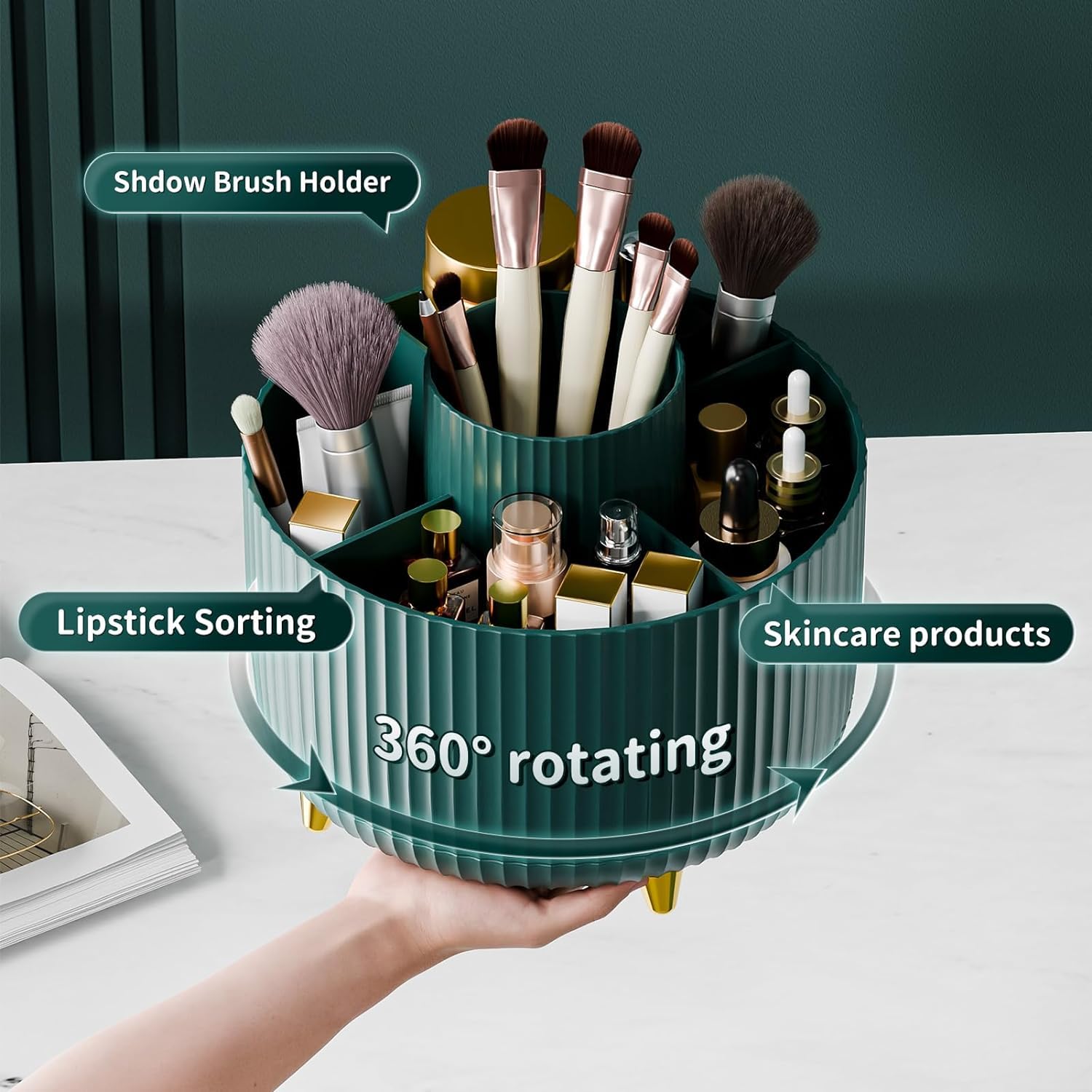 WIWIUXY Makeup Brush Holder Organizer,360° Rotating Makeup Brush Organizer,5 Slot Make up Brushes Cup for Cosmetics, Nail Polish, Art Supply, Bathroom Vanity Desktop Organizer - Green