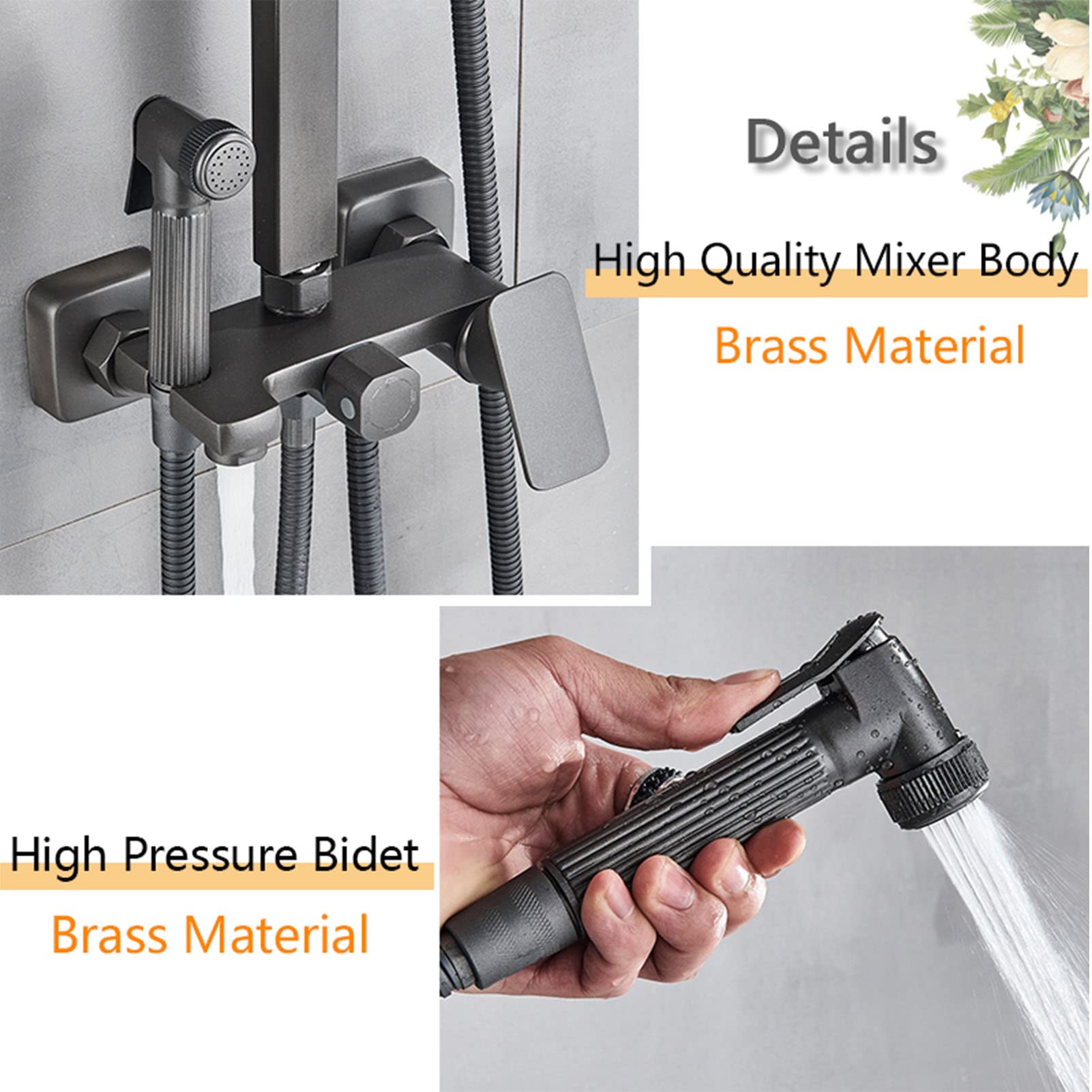 Set di rubinetti per Doccia a Vista, rubinetti per Bagno a Parete, Sistema Doccia con soffione a Pioggia e doccetta per Bidet in Ottone, Miscelatore per Vasca da Bagno, Grigio,