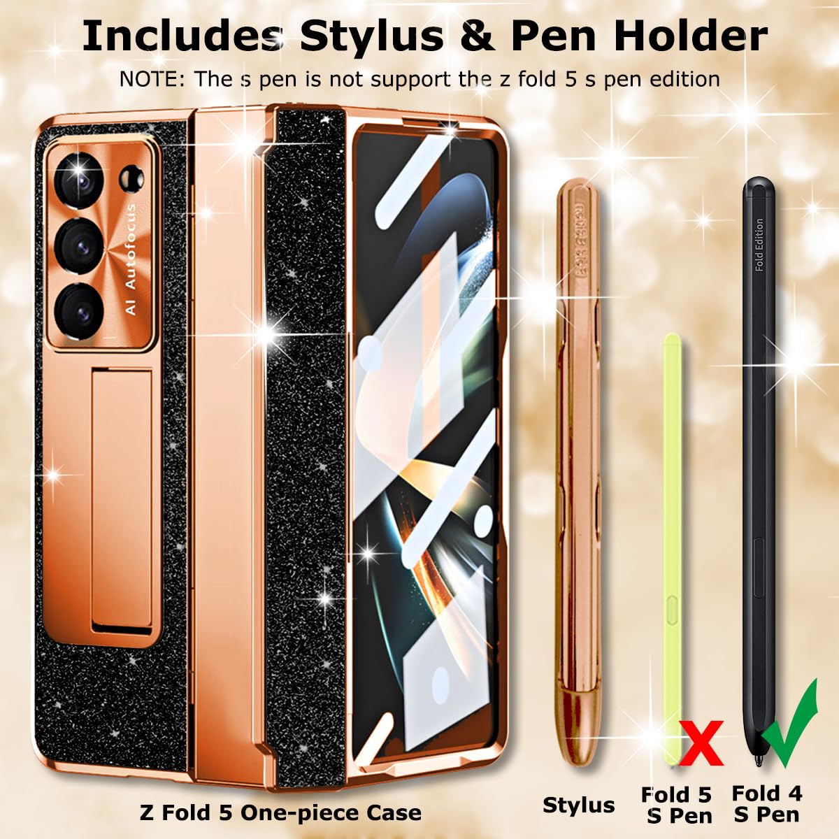Custodia per Samsung Galaxy Z Fold 4 da donna, [include pennino] [portapenna S pastable] lussuosa custodia in pelle PC con placcatura glitterata integrata con pellicola protettiva per lo