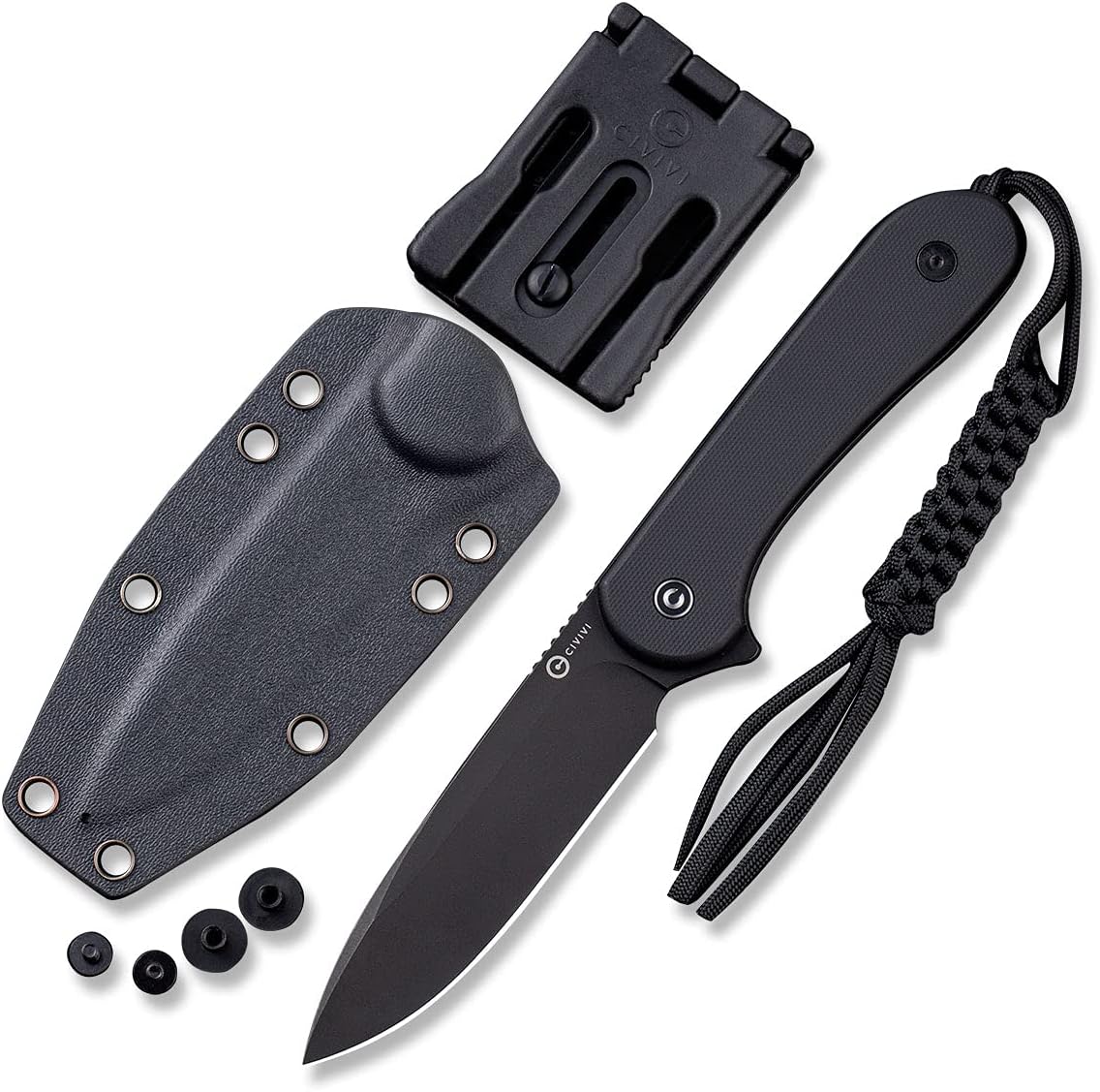 Fixed Blade Elementum Knife 3.98" D2 Blade, Flat G10 Handles, Belt Knife with Kydex Sheath, Tied Paracord Lanyard, Clip for Outdoor EDC C2105A