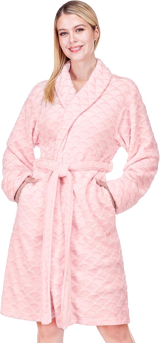PAVILIA Plush Robe for Women, Soft Fleece Short Bathrobe, Mid Length Kimono