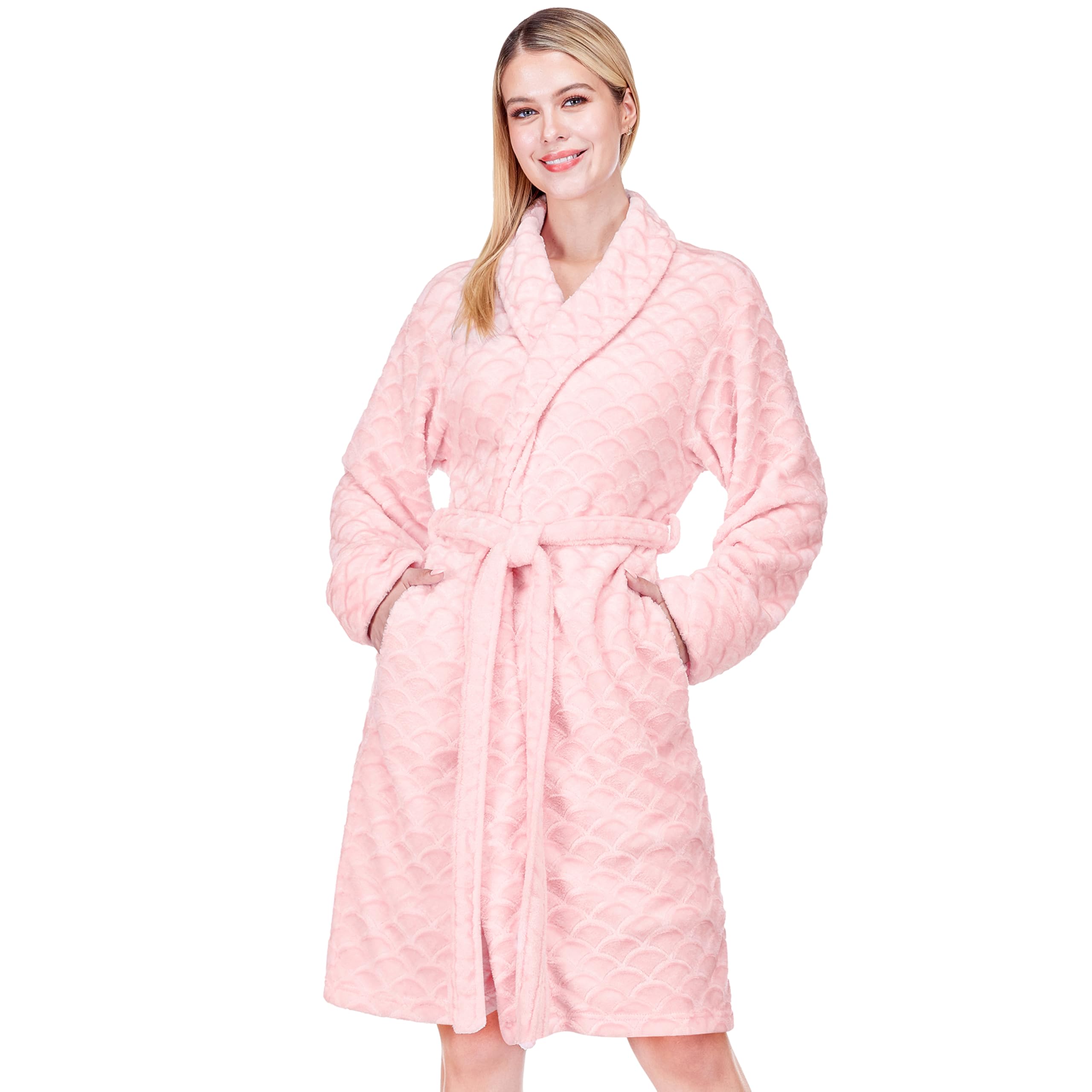 Womens Robes Kimono, Knee Length Plush Fluffy Winter Shower Bathrobe, Soft Fuzzy Cozy Warm with Pockets