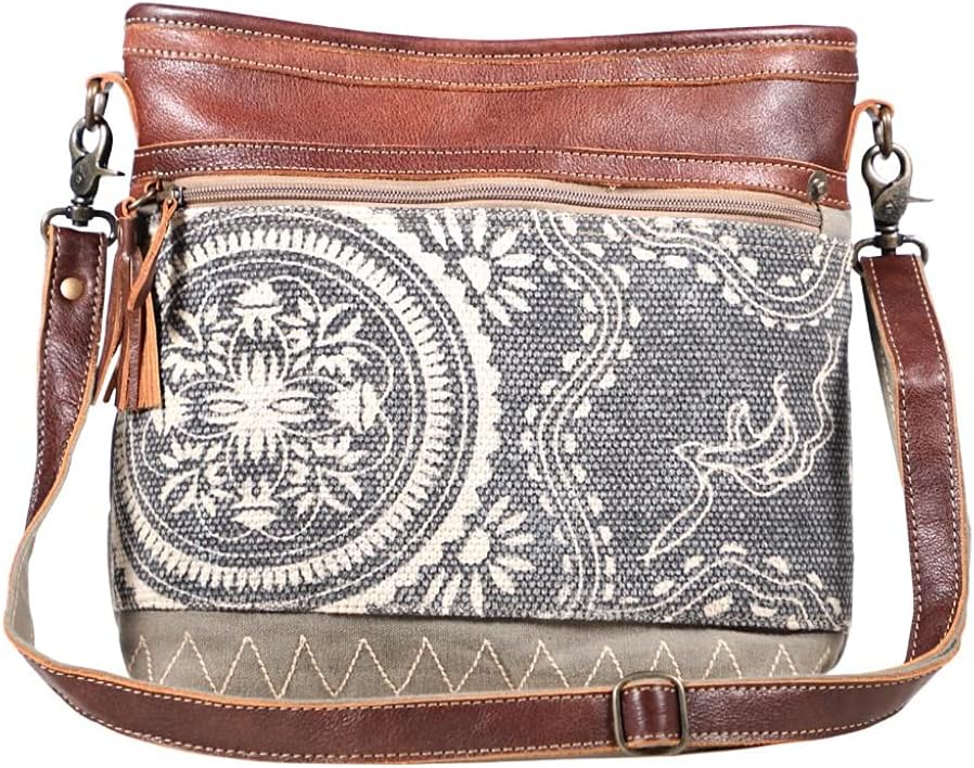 Myra Bag Cloth Purses for Women - Canvas Bag with Real Leather Detailing, Floral Mosaic Pattern Fabric Purses for Women