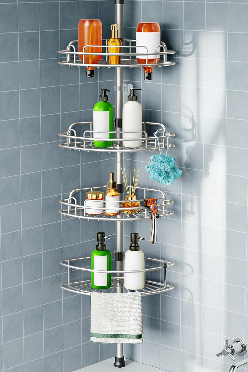 Barra de tensión para carrito de ducha HAMITOR: Organizador de baño de esquina de 4 niveles | Estante Ajustable Sin Taladro Para Inquilinos, De Piso A Techo De 47 A 121 Pulgadas, Almacenamiento A Prueba De Herrumbre Gris Plateado, Baño De Apartamento Familiar