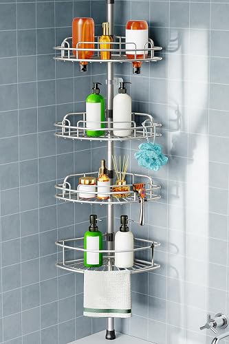 HAMITOR Shower Caddy Tension Pole: 4-Tier Corner Rustproof Bathroom Organizer - 